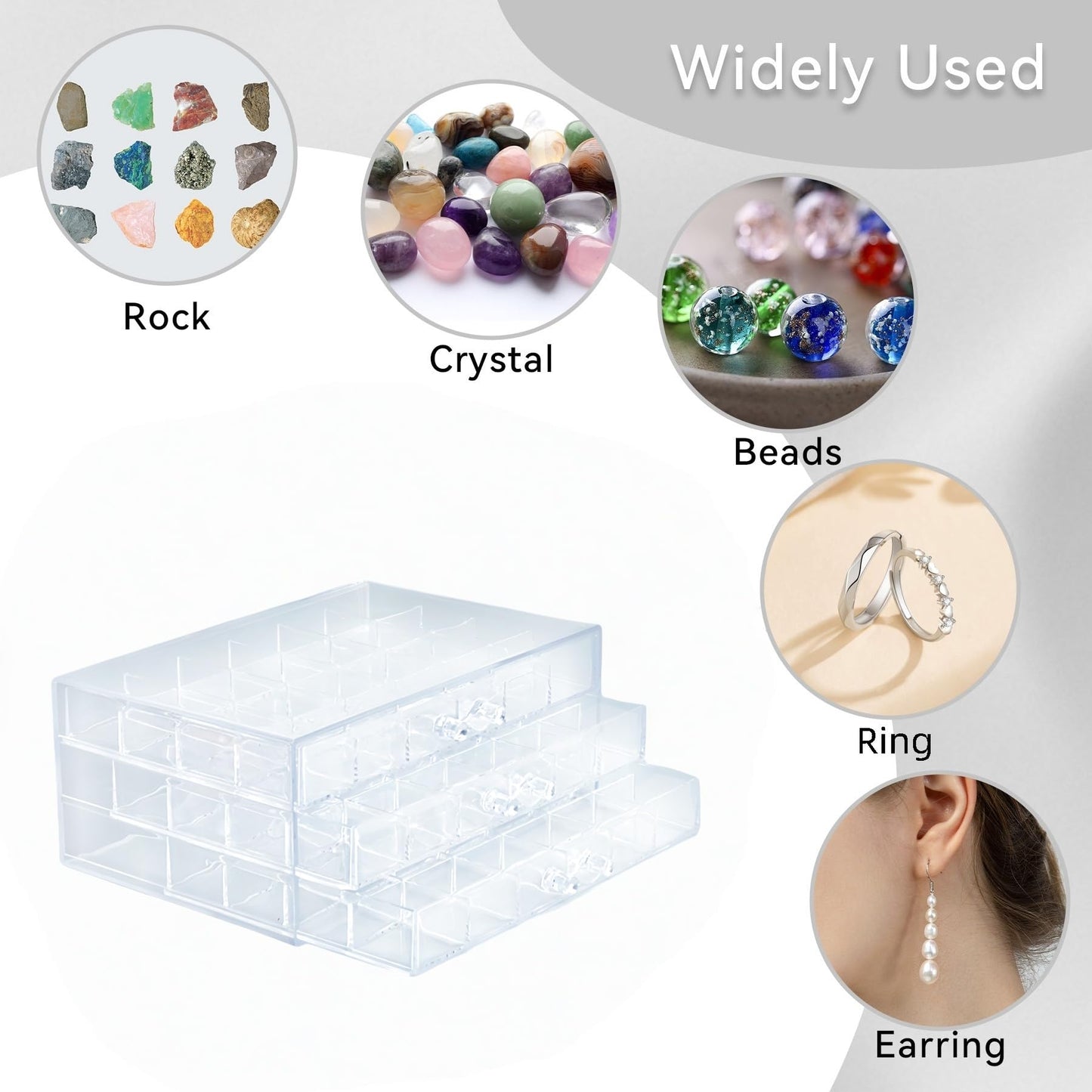 Dmnnlp Display Case for Small Rock , 3 Drawers 72 Grids(3x3cm), Clear Acrylic Rock Collection Box, Display Boxes for Collectables
