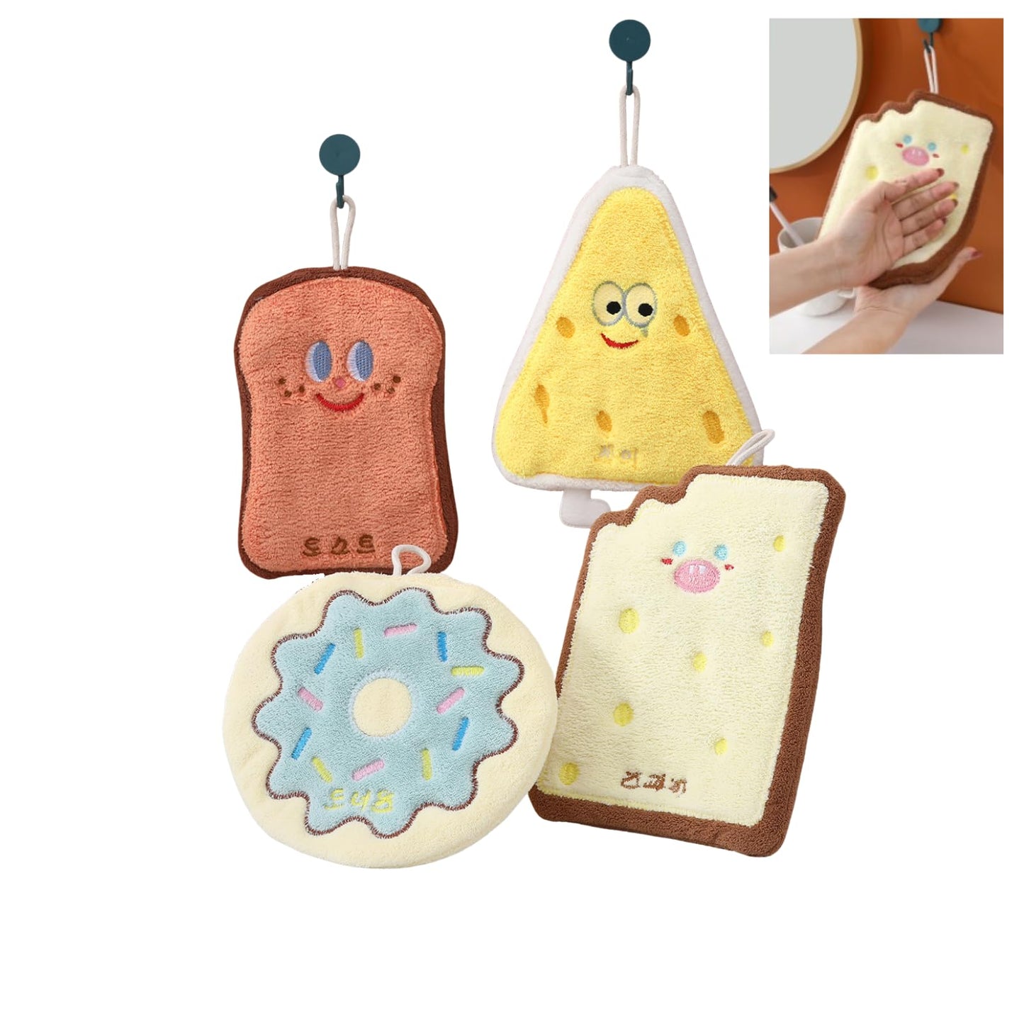 RevpoltIQ 4 Pcs Cute Hanging Hand Towels, Food Shape Cheese Toast Doughnuts Cracker with Cartoon Faces