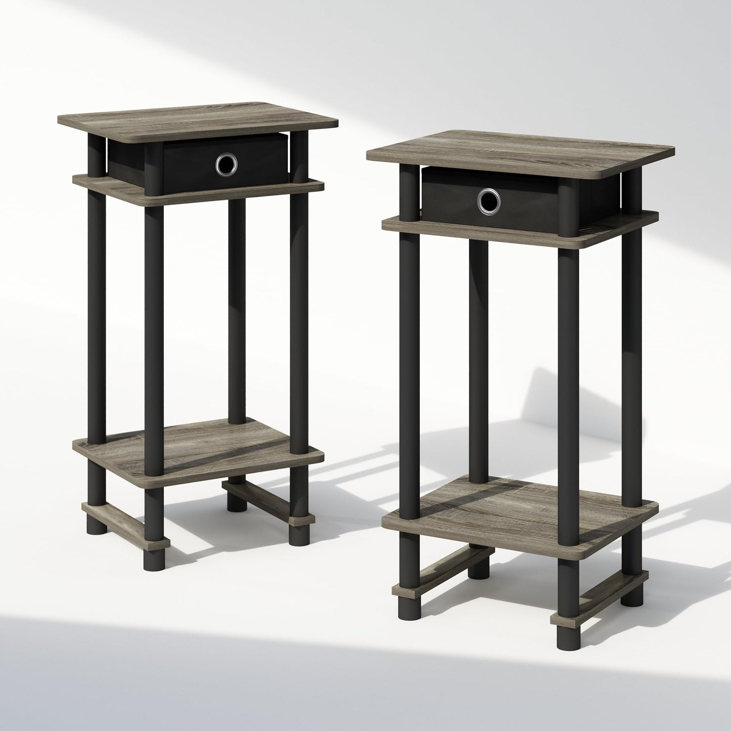 Furinno TURN-N-TUBE Night Stand Set of 2, 3-Tier Open Shelf Design Nightstand with Storage Bin, Tall Bedside Table, End Table, Side Table