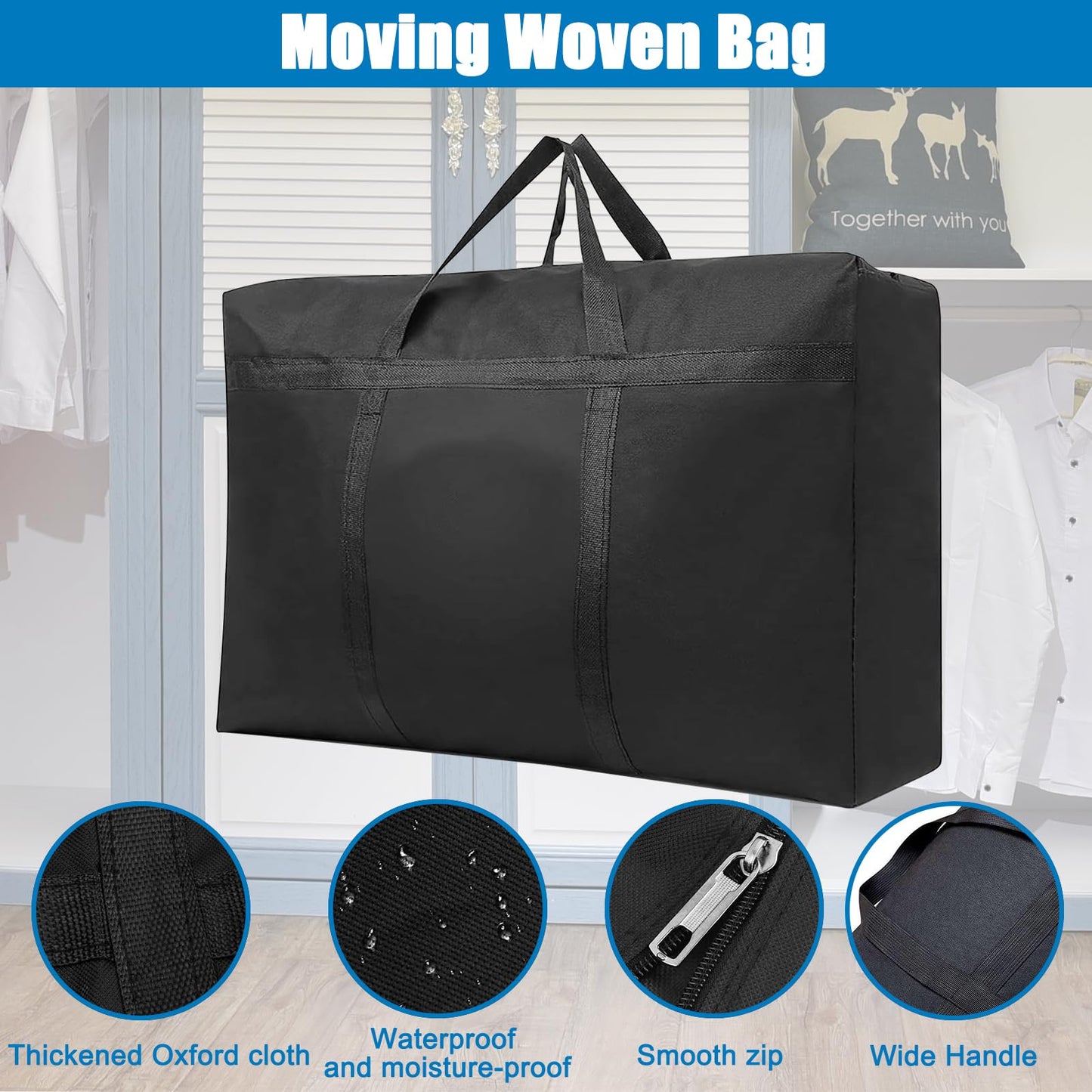 IETWATE 2PCS Large Storage Bags with Zips, 180L Moving Bags Extra Large Strong, Waterproof Clothes Storage Bag