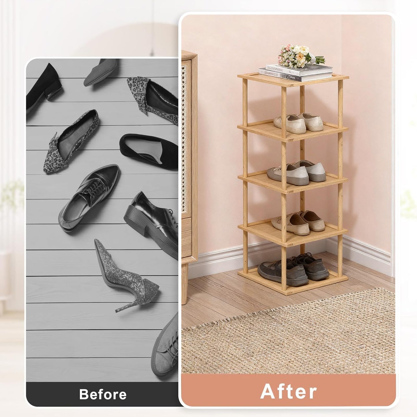 Aniston Bamboo Shoe Rack 5 Tier, Vertical Shoe Rack for Small Spaces, Free Standing Tall Narrow Shoe Organizer for Garage, Closet, Doorway, Corner