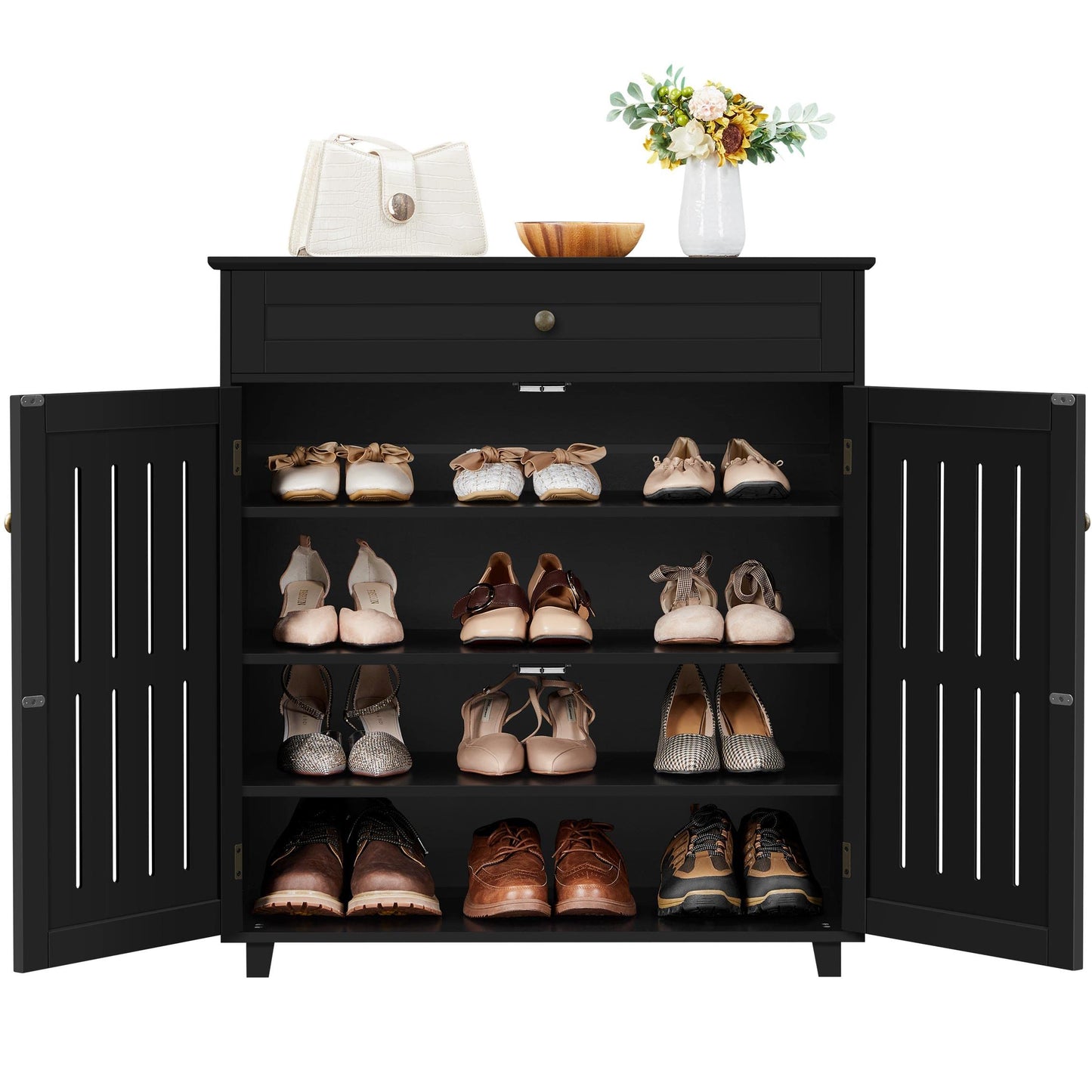 Yaheetech Shoe Cabinet 4-Tier Shoe Storage Organizer with Drawer, Black
