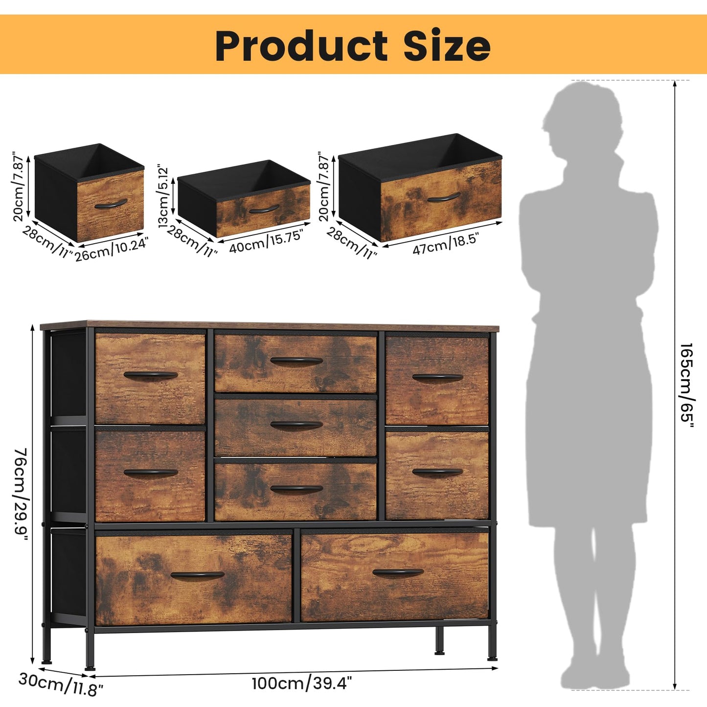 Feonase Chest of Drawers,Bedroom Dresser with 9 Fabric Drawers, Metal Frame & MDF Wood Top, Adjustable Feet, Storage Organizer Unit for Bedroom