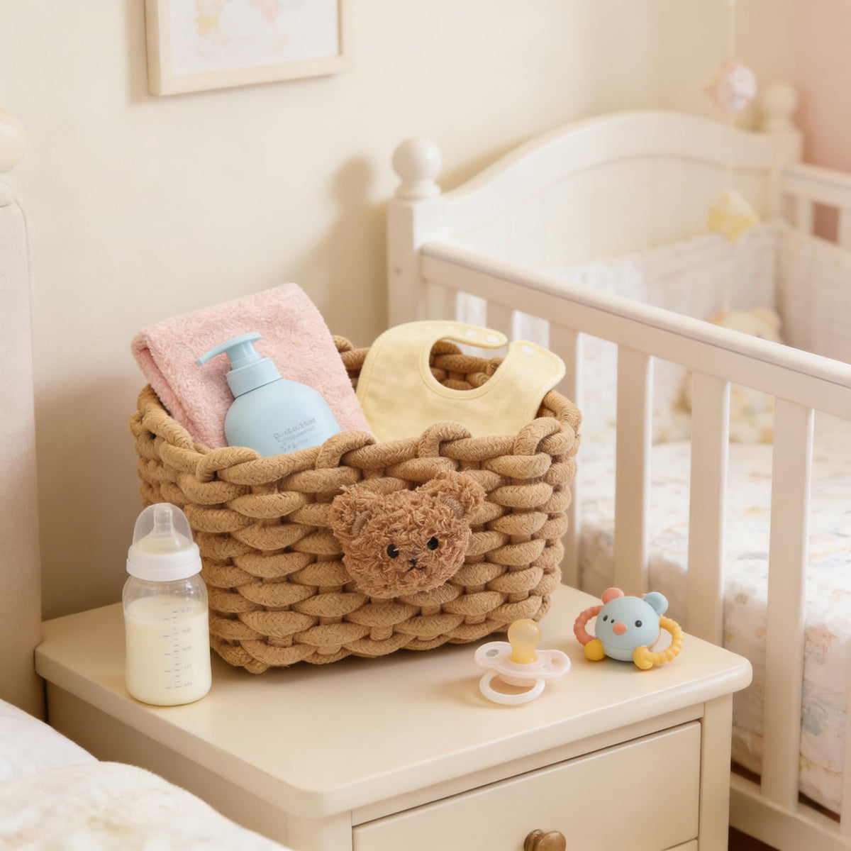 Woven Cotton Wicker Storage Basket with Bear Motif, White - Bathroom Organizer for Desk, Makeup Table, Cabinets, Bath, Kitchen Brown