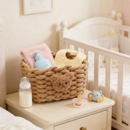 Woven Cotton Wicker Storage Basket with Bear Motif, White - Bathroom Organizer for Desk, Makeup Table, Cabinets, Bath, Kitchen Brown