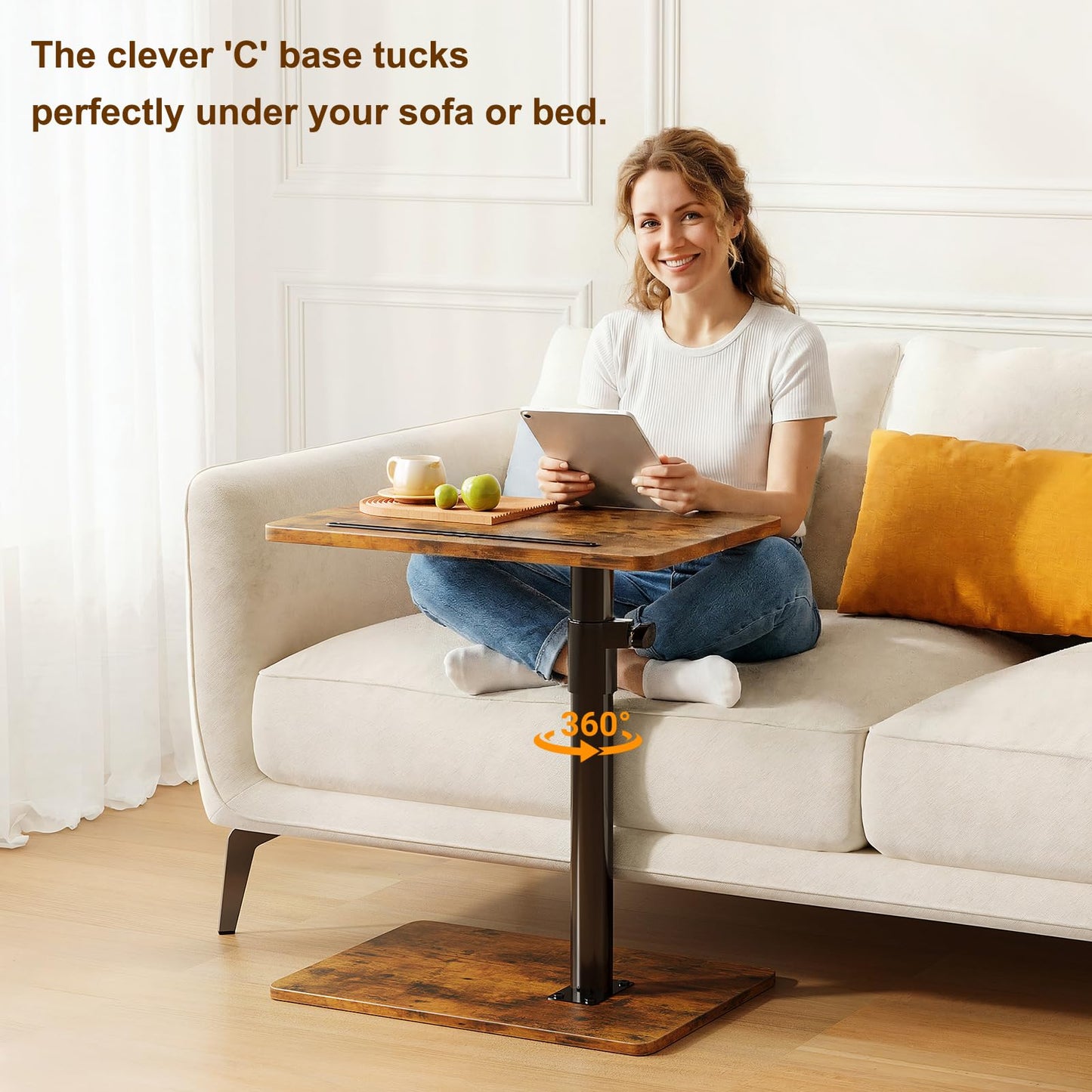 CAIYUN C Shaped Side Table, Height Adjustable Swivel 360° Rotating, Brown End Table for Small Spaces