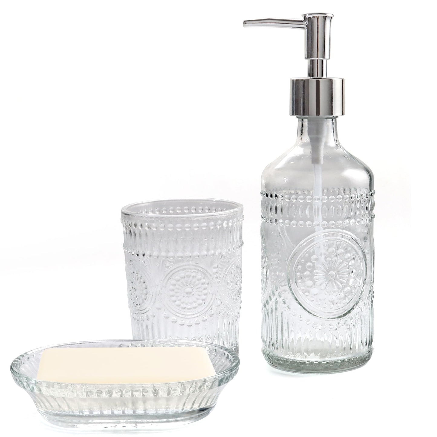 FEILANDUO 3Pcs Glass Bathroom Accessories Set, Lotion & Soap Dispenser, Toothbrush Holder, Soap Dish, Modern Bathroom Countertop Decor for Home