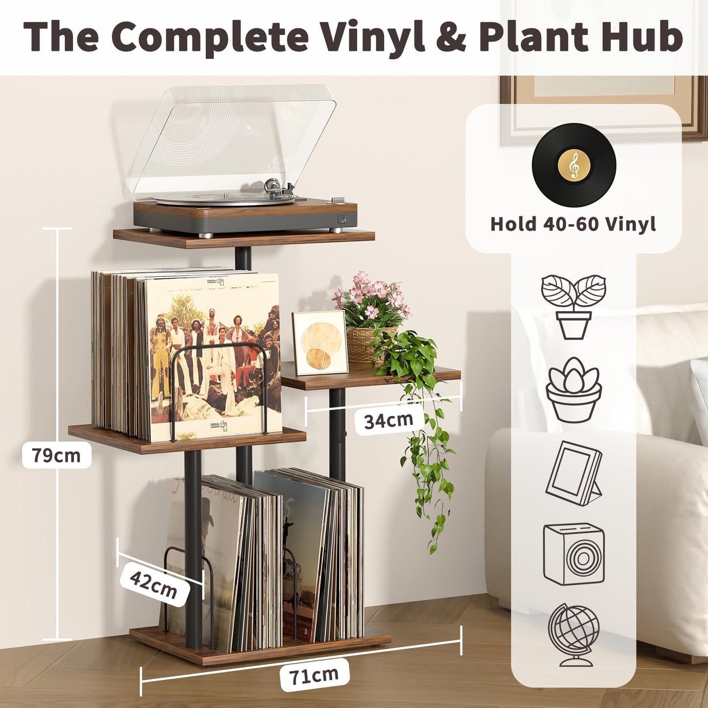 Bikoney Botanical Record Player Stand with LP Vinyl Display Shelf