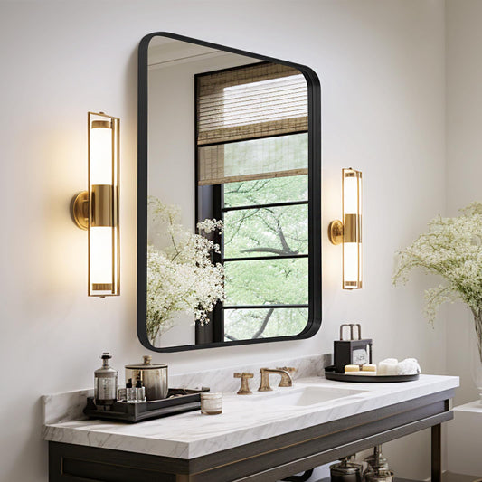 LunaMirror Wall Mirror 50x75 CM Wall-Mounted Bathroom Vanity Mirror Stylish Black Mirror Wall Decor Rectangle Wall Hanging Mirror with Curved Corners