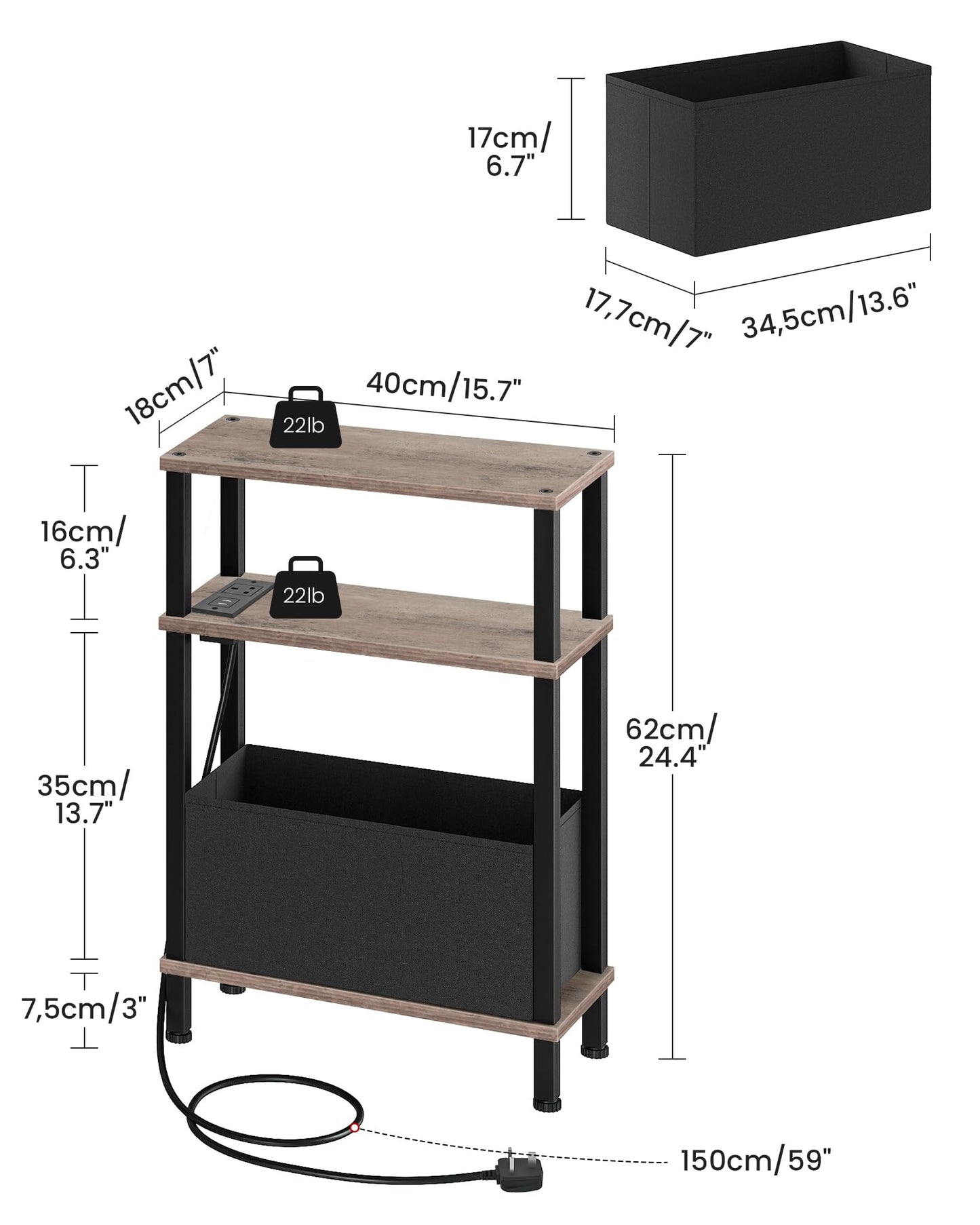 CHOEZON Slim Side Table with Charging Station, 3-Tier Narrow Side Table with Drawer, Skinny Bedside Table, End Table for Small Spaces, for Bedroom