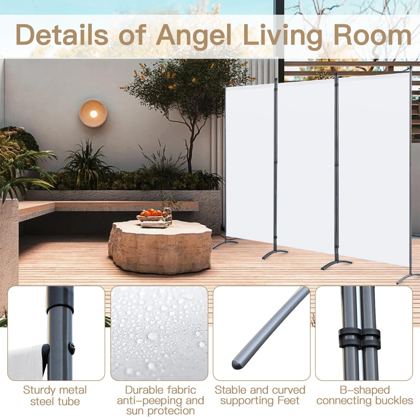 Angel Living 3 Panel Folding Room Divider Privacy Screen with Polyester Fabric & Sturdy Iron Frame Freestanding Partition for Office, Bedroom