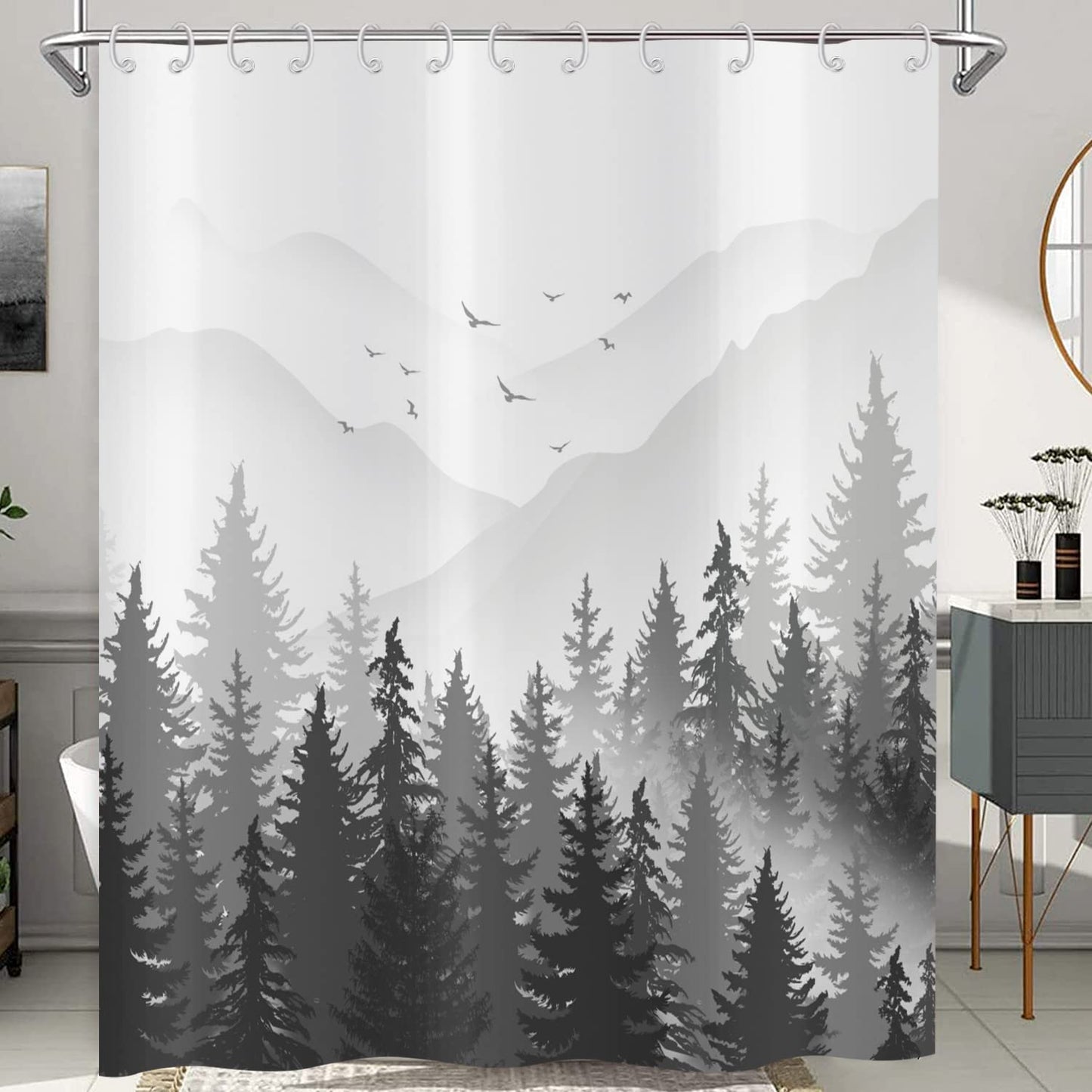 Hnmdmyi Black and White Shower Curtain 180x200, Misty Forest Mountain Ombre Grey Foggy Nature Tree Woodland Landscape Bathroom Curtains Waterproof