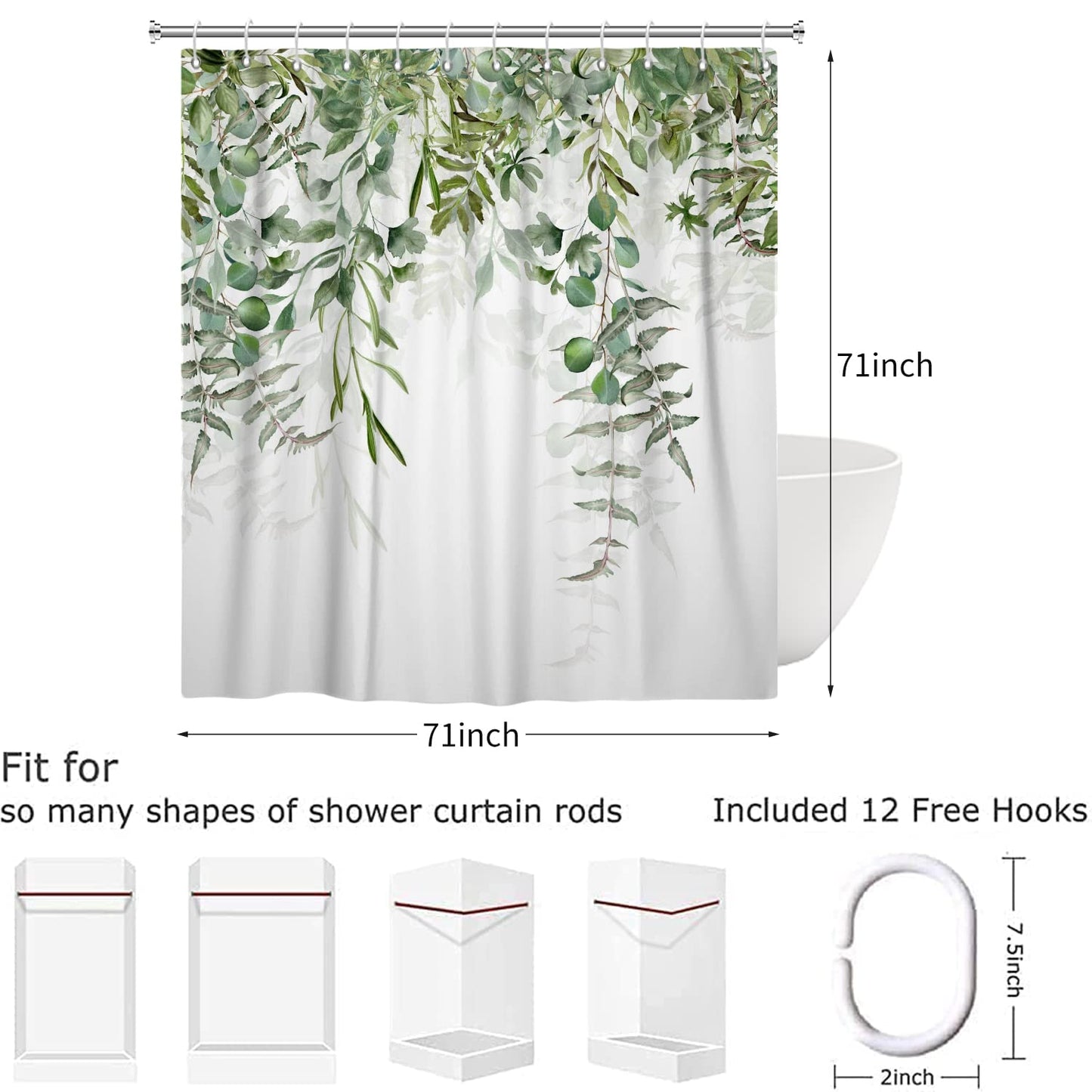 Hnmdmyi Green Leaf Shower Curtain 180x180, Eucalyptus Leaves Shower Curtains Watercolor Plant Botanical Nature Bathroom Curtains with Hooks