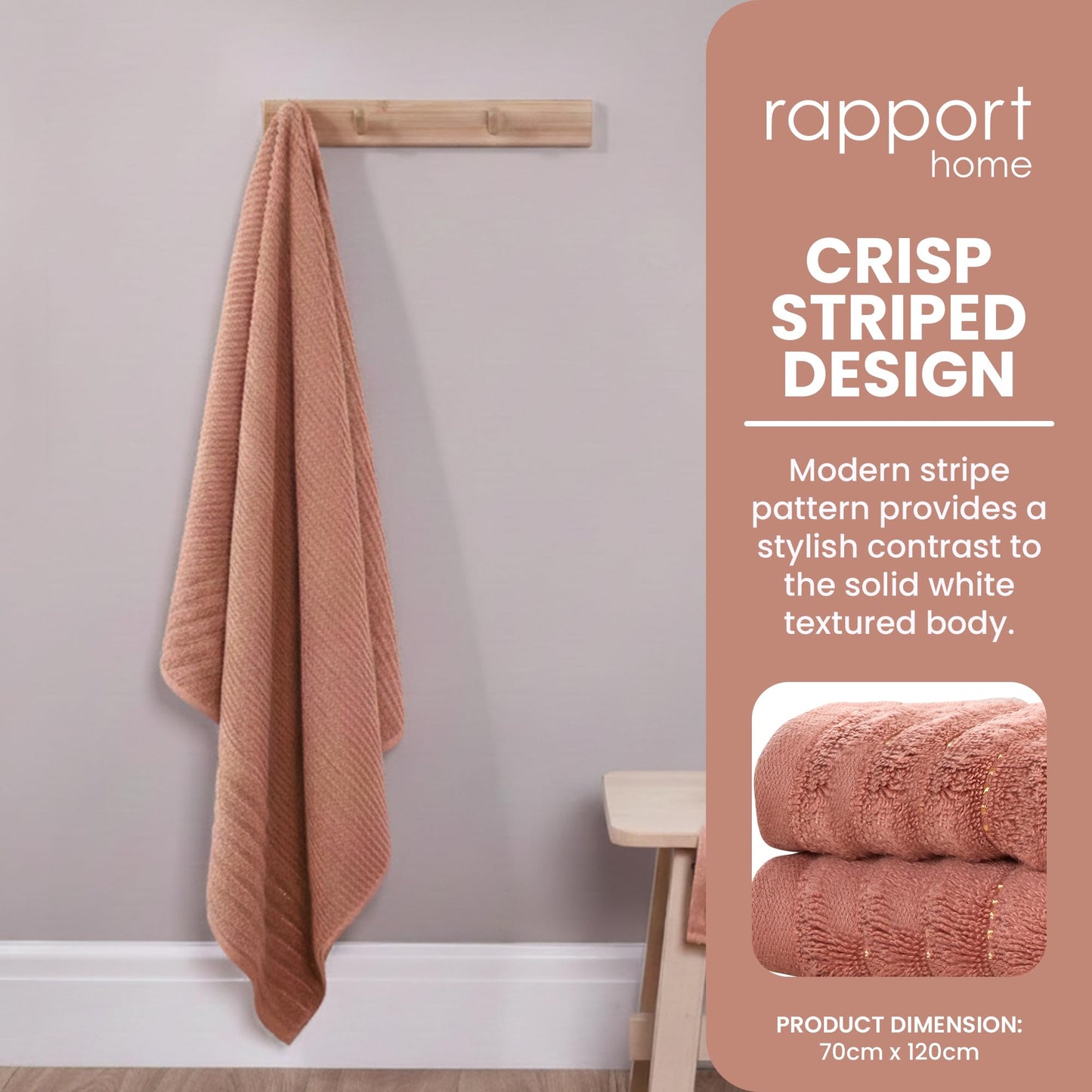 Rapport Home Linear Bath Towels 2-Pack | Rose Red | 70x120cm | 100% Cotton 500gsm | Oeko-Tex Made in Green & BCI Certified