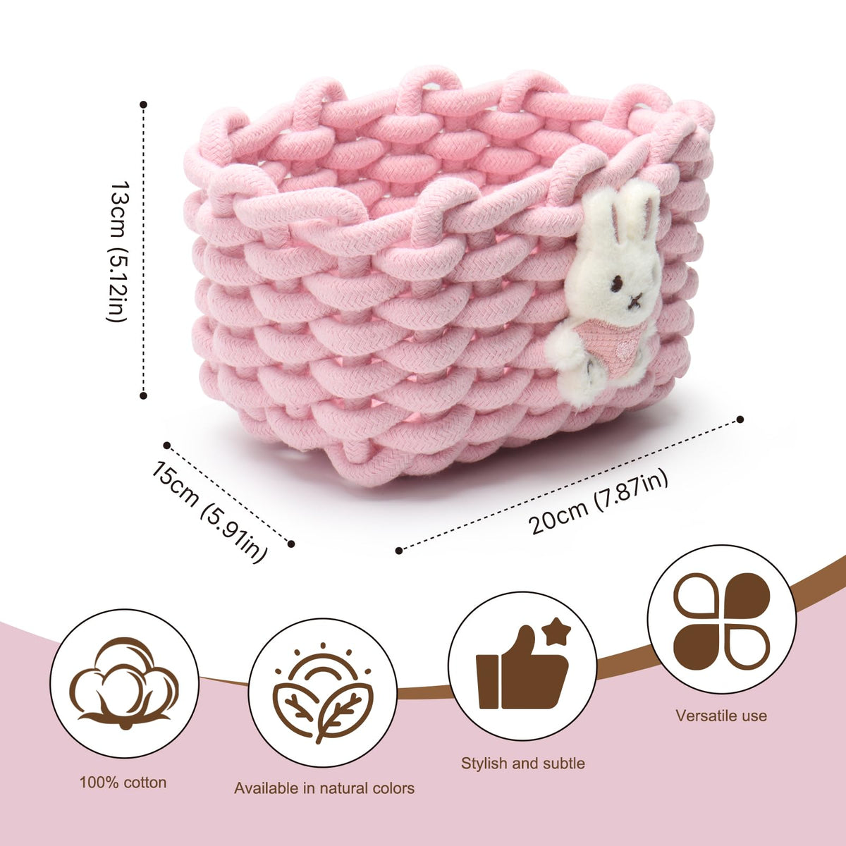 Woven Cotton Wicker Storage Basket with Bear Motif, White - Bathroom Organizer for Desk, Makeup Table, Cabinets, Bath, Kitchen Pink - Rabbit