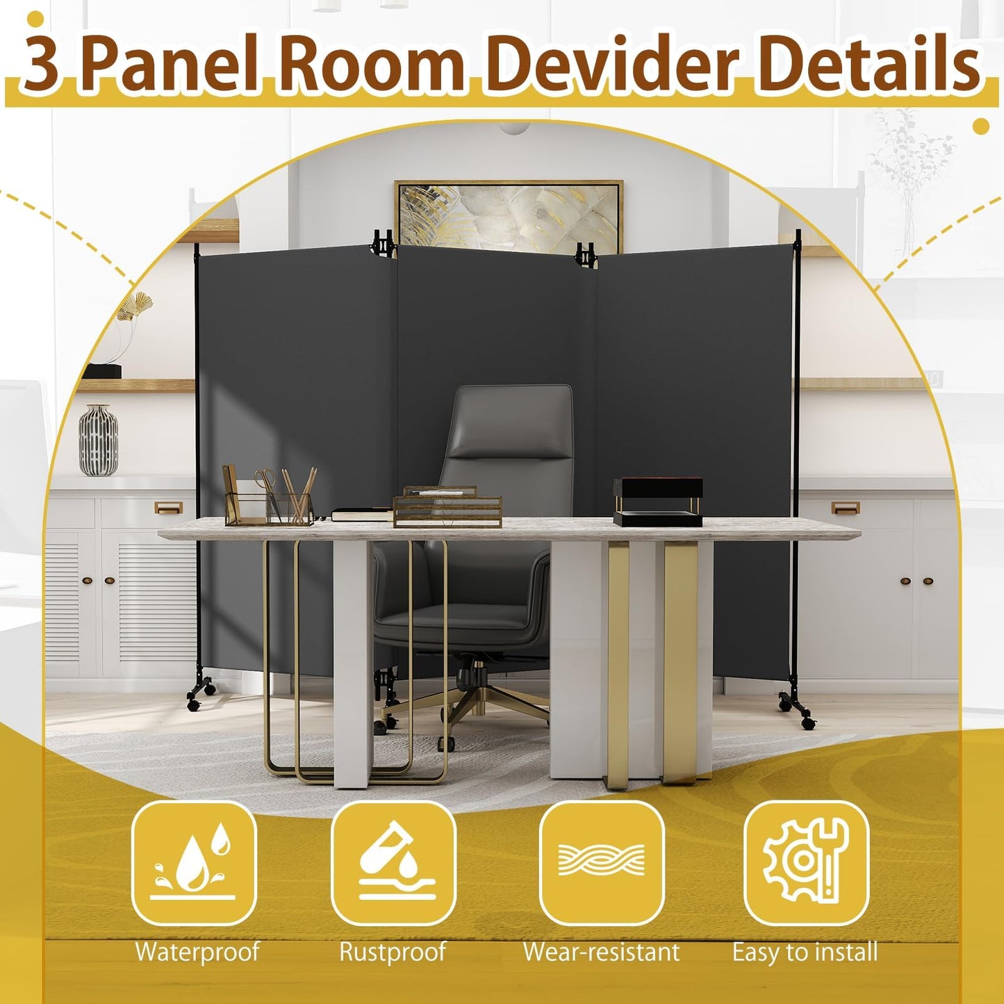 HIDODO 3 Panel Upgraded Room Divider with Wheels, 261cm W x 183cm H, Grey