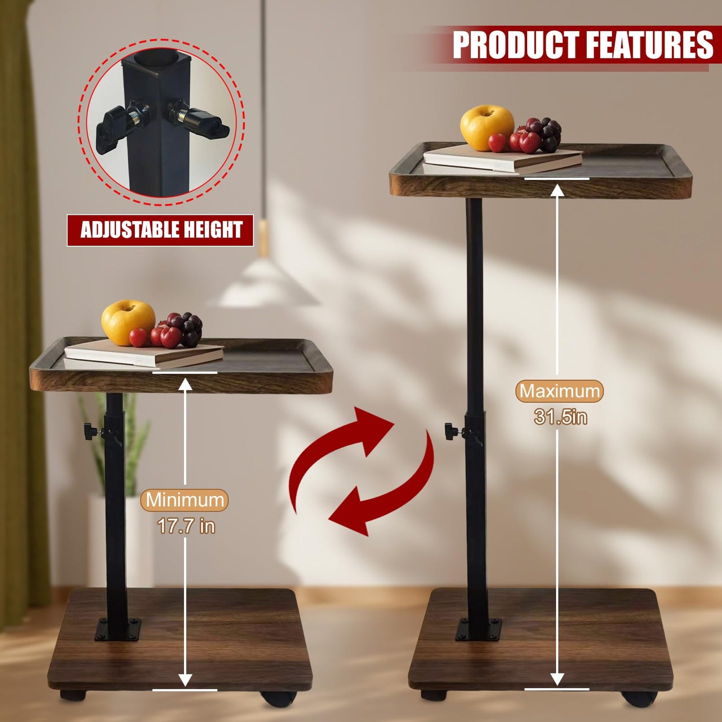 Aegistus C Table End Table Adjustable Height, 360°Swivel TV Tray Table for Small Spaces with 4 Casters(Walnut Brown)