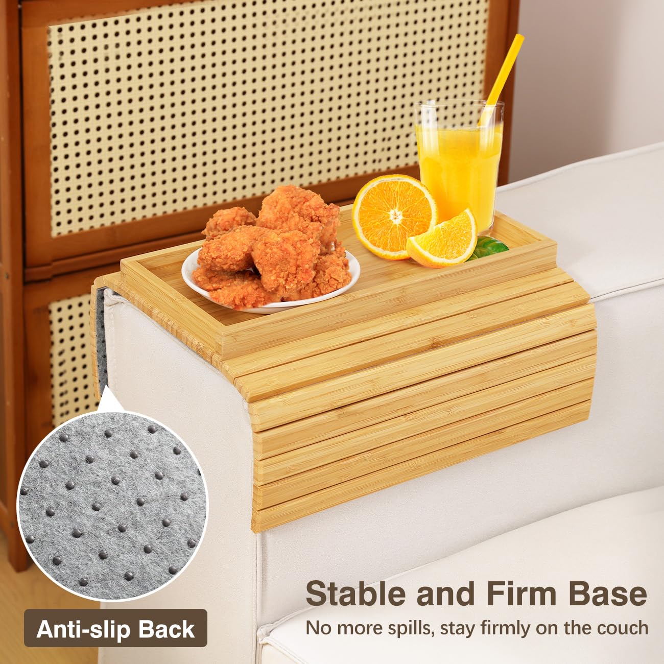 Kssiaz Couch Arm Tray, Bamboo Sofa Tray Table for Couch, Sofa Armrest Table, Anti-Slip Armrest Organizer, Foldable Cup Holder for Snacks, Phone