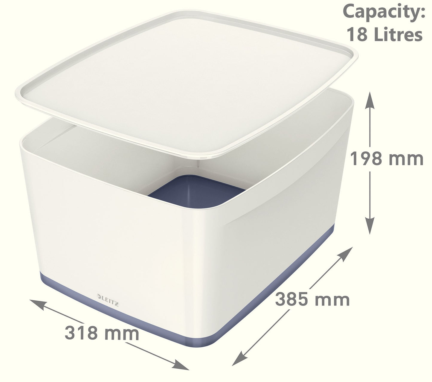 Leitz Large MyBox with Lid, Storage Box for Home and Office, High Gloss Plastic,18 Litre, A4, White/Grey
