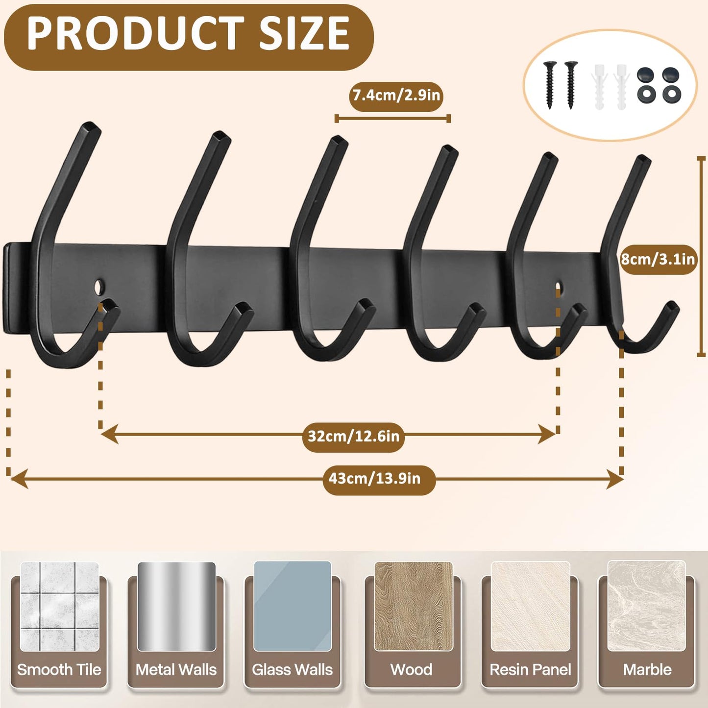 JOLY FANG Coat Hooks Wall Mounted - 2 Packs Wall Coat Rack Stainless Steel with 6 Hooks, Modern Wall Coat Hanger for Bedroom, Kitchen & Entryway