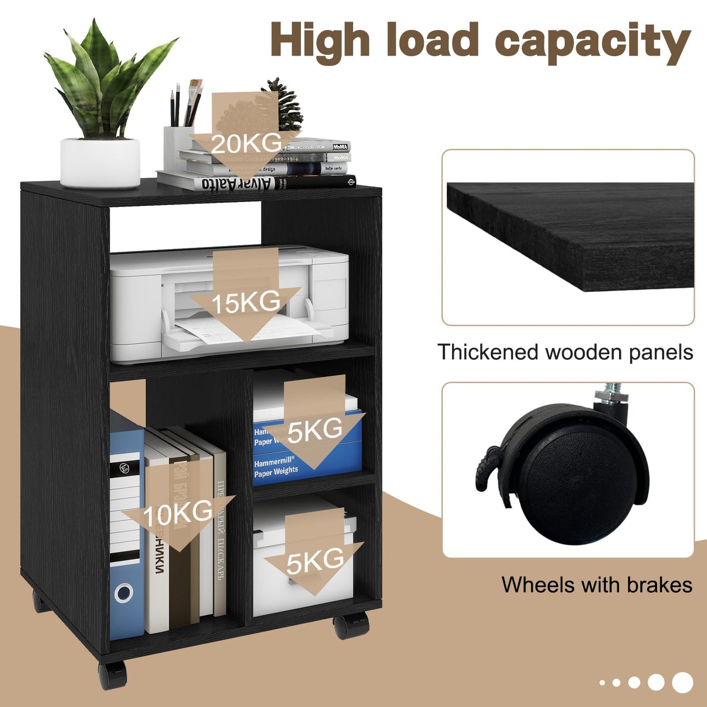 PUNCIA 50x40x75cm Mobile Filing Cabinet with 4 Open Compartments Black