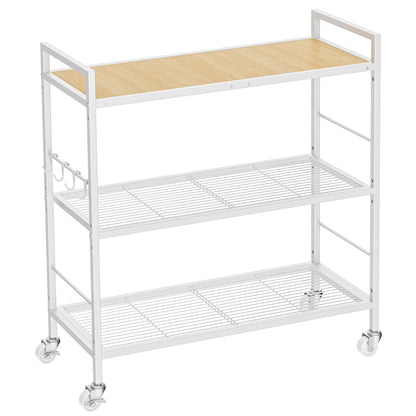 3-Tier kitchen trolley,Oak Wood Top,80W×30Dcm,4 Hooks, Adjustable Shelves