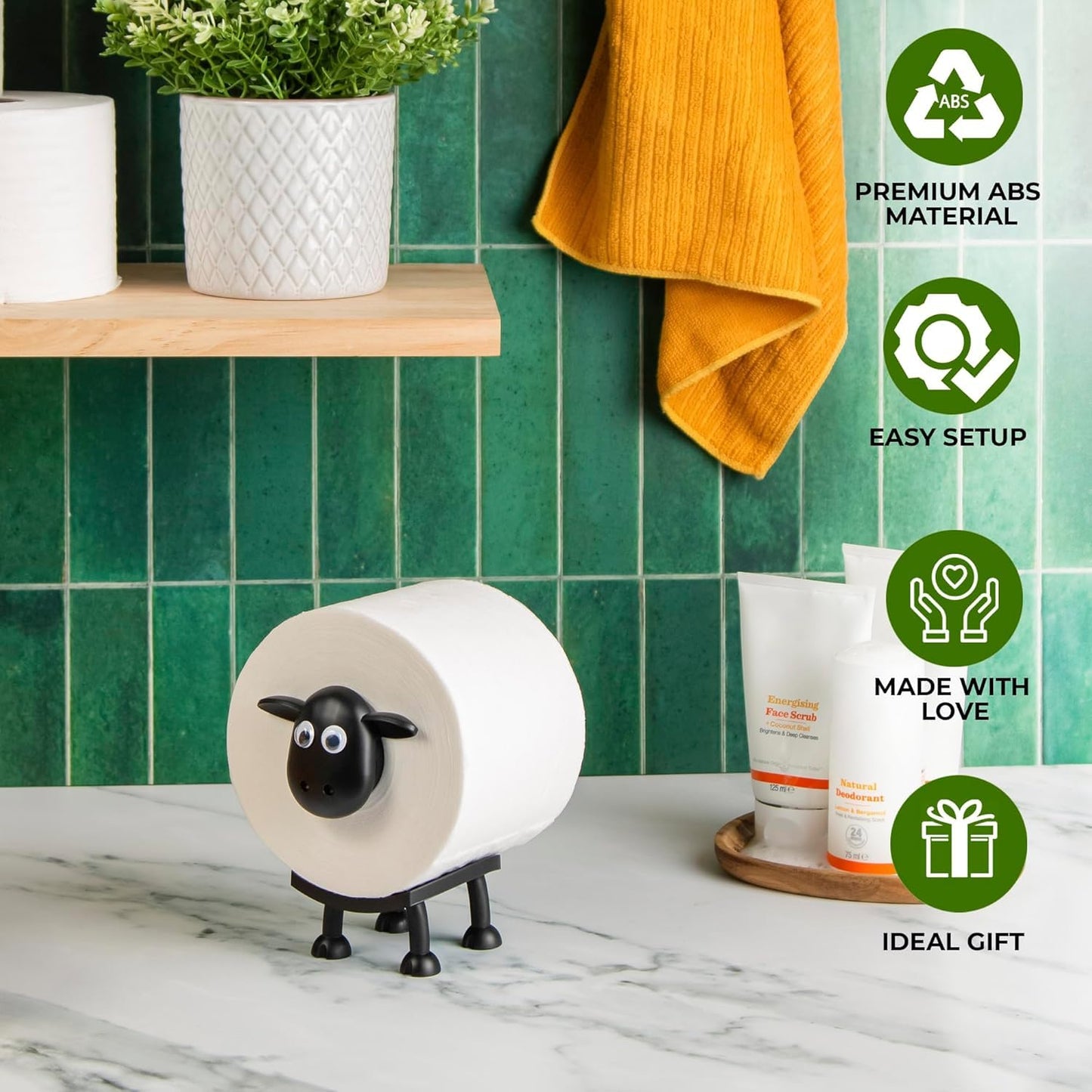 VELENTI Sheep Toilet Roll Holder - Funny Toilet Paper Holder Free Standing Bathroom Set - 3D Printed Black Sheep Loo Roll Holder