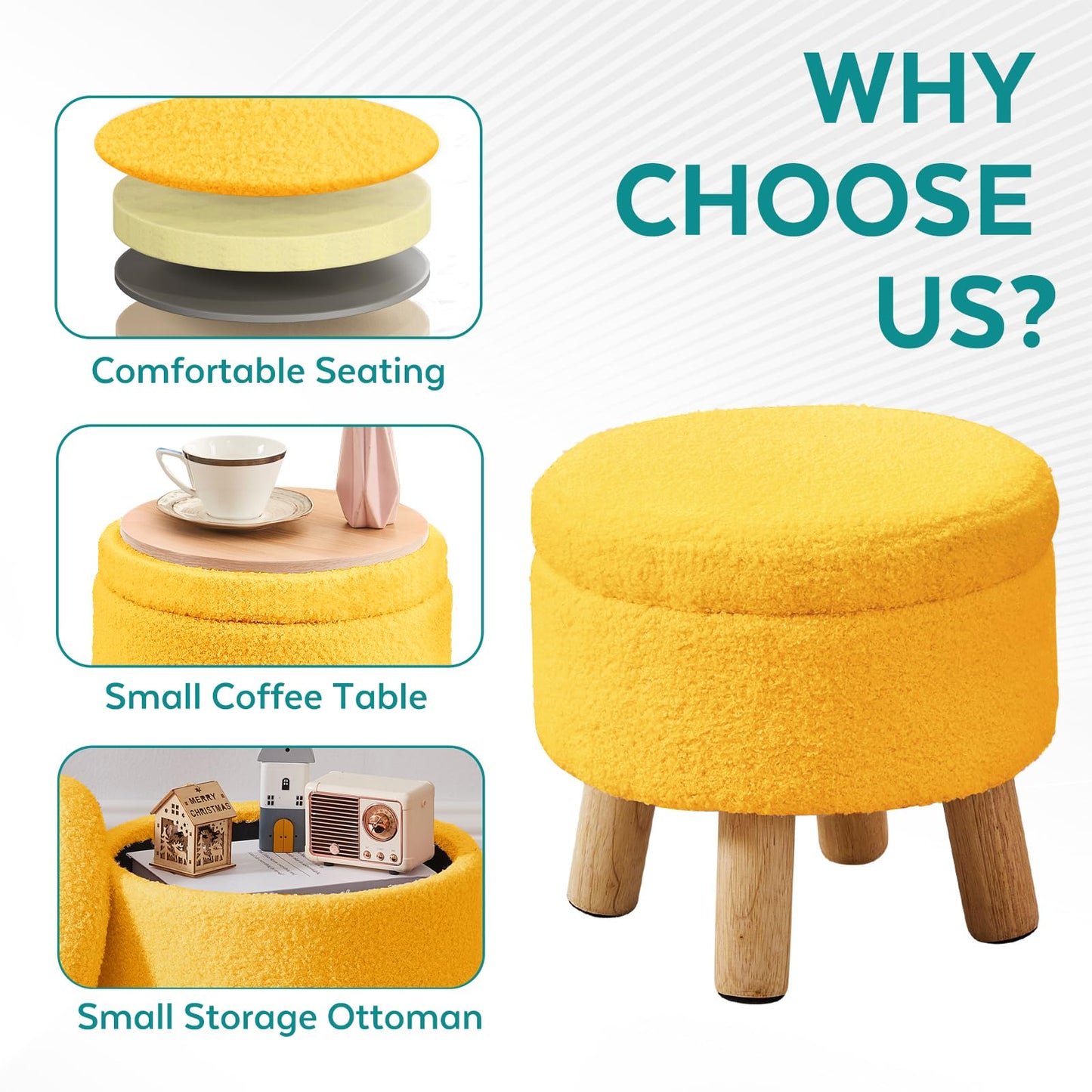 BRIAN & DANY Footstool with Storage, Small Storage Ottoman, Teddy Fleece Round Stool with Lid, Sherpa Foot Stool with Legs for Living Room Entryway