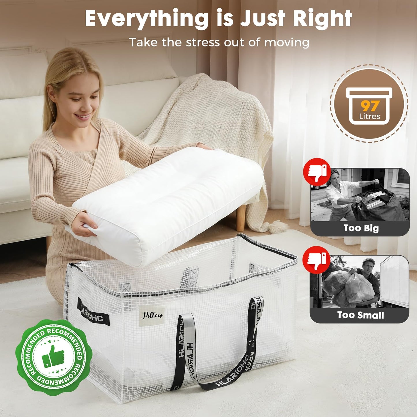 Hilarichic Heavy Duty Moving Bags 97L - Extra Large Storage Bags for Clothes with Strong Zipper & Comfortable Handles, Packing Boxes for Moving House
