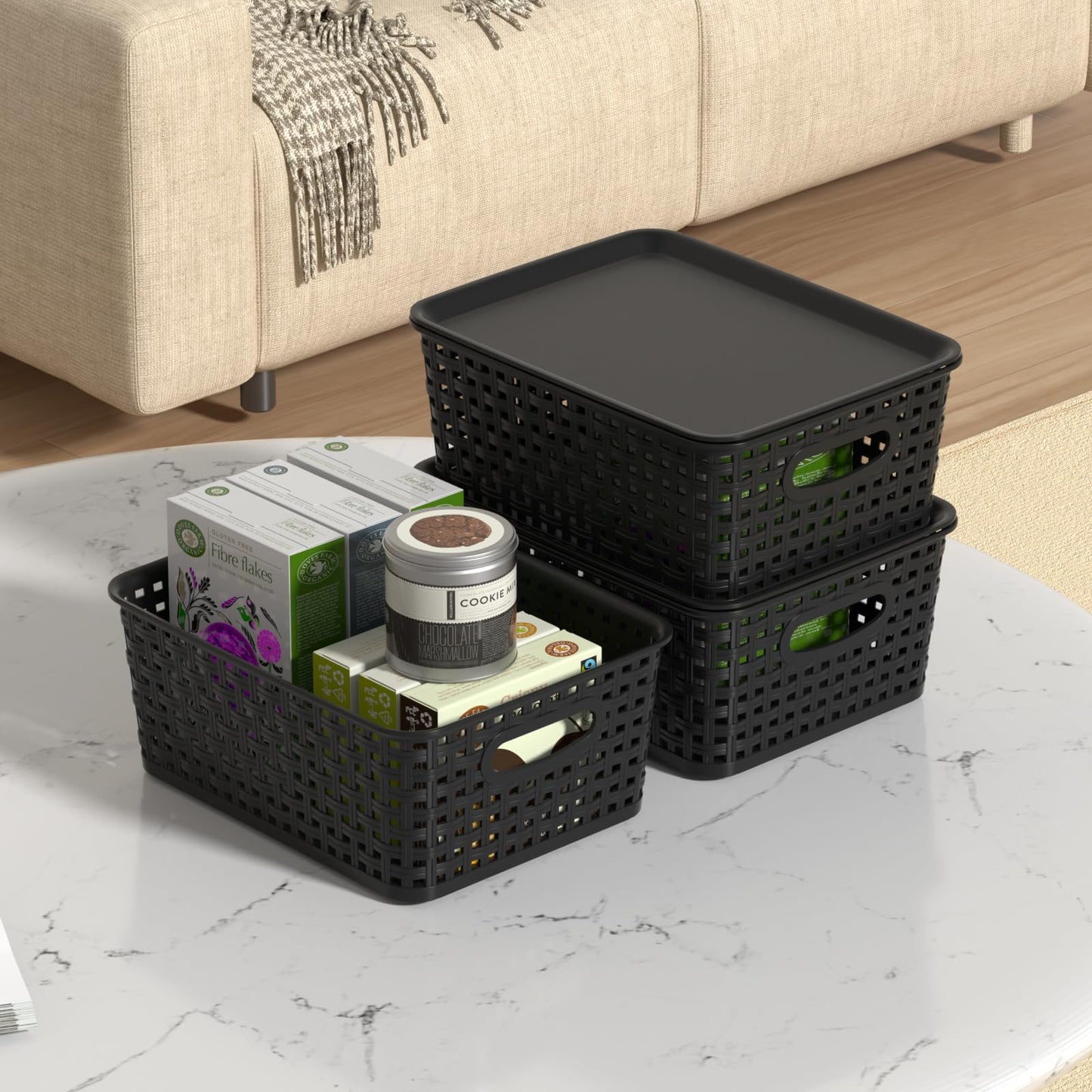 Wakikini Woven Plastic Storage Baskets with Lids, Small Weave Bins, Black