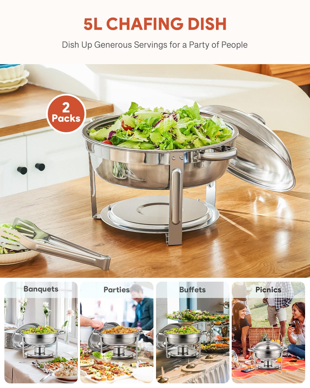 Wilprep Chafing Dish Buffet Set, 2 Pack 5L Stainless Steel Round Chafing Dishs Set,Food Warmer Kit with Lids and Food Pans for Restaurant Catering