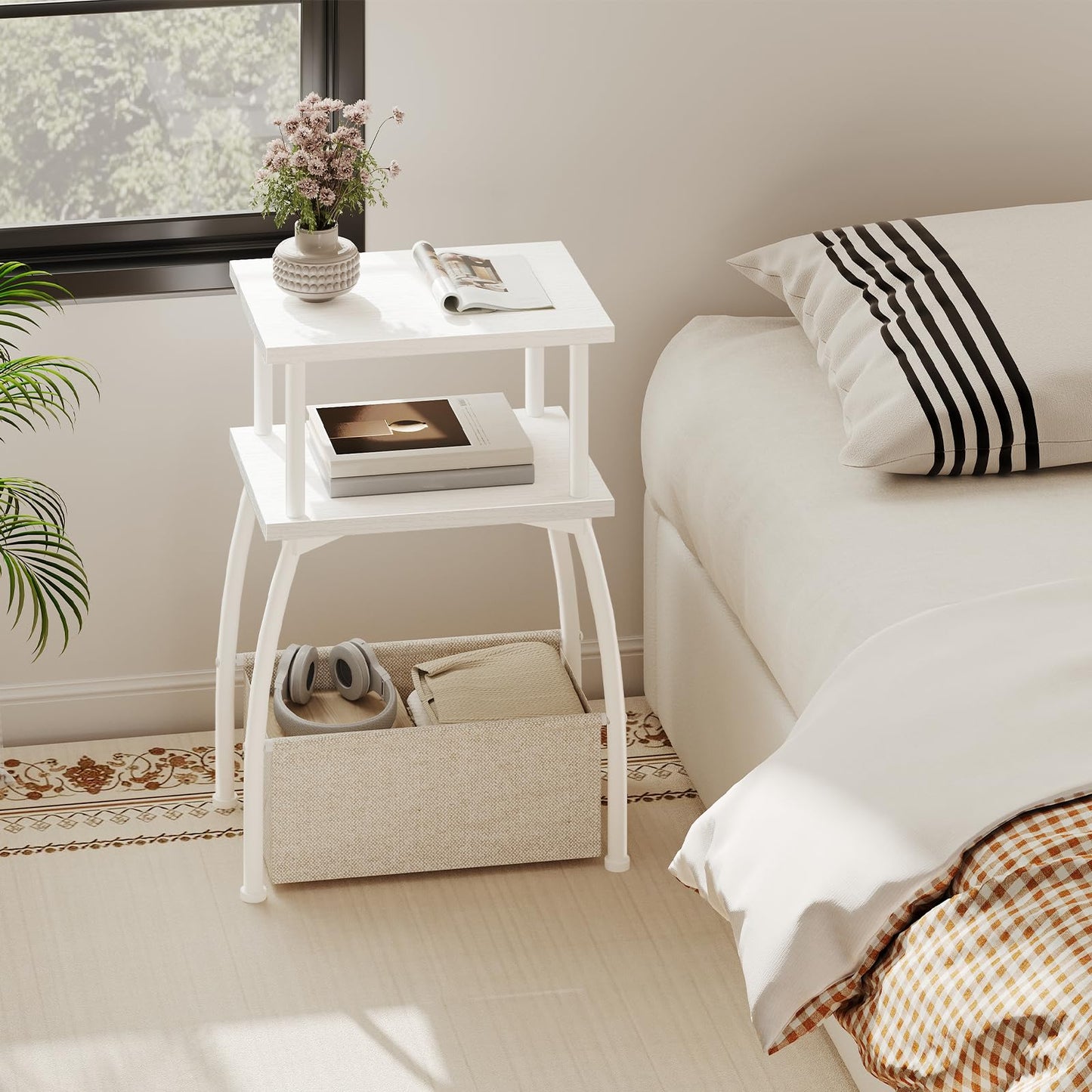 HOOBRO Narrow Side Table, 3-Tier Small Table with Linen Storage Basket, Sofa Side Tables for Small Space