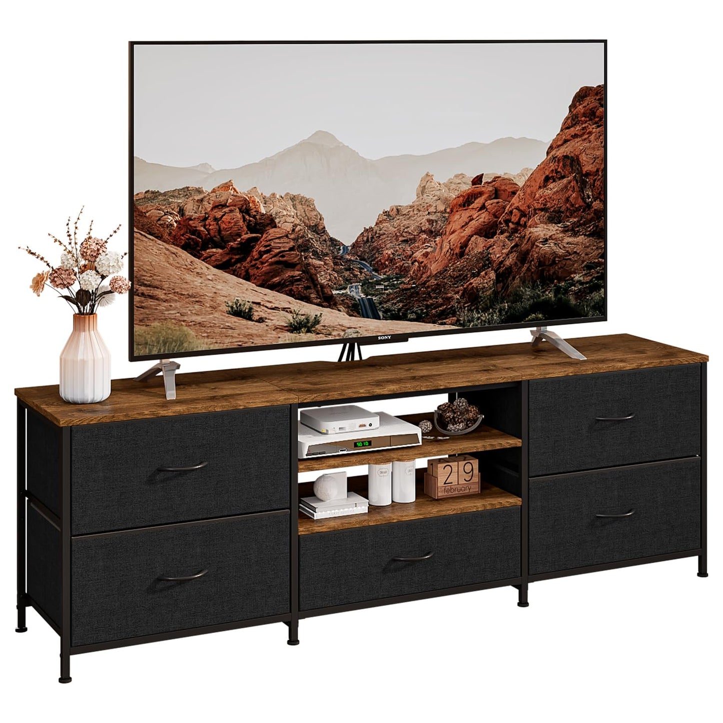 Forthcan TV Stand Cabinet, TV Unit with 5 Drawers, 140 cm, Black
