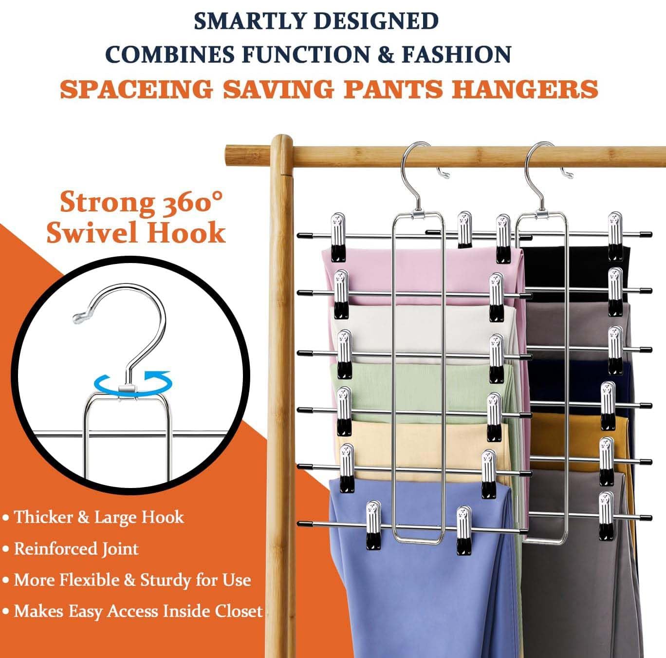 ABCHCHS Pants Hangers with Clips - Space Saving Hanging Closet Organizer and Storage - 6 Tiers Skirt Hangers with 360° Swivel Hook