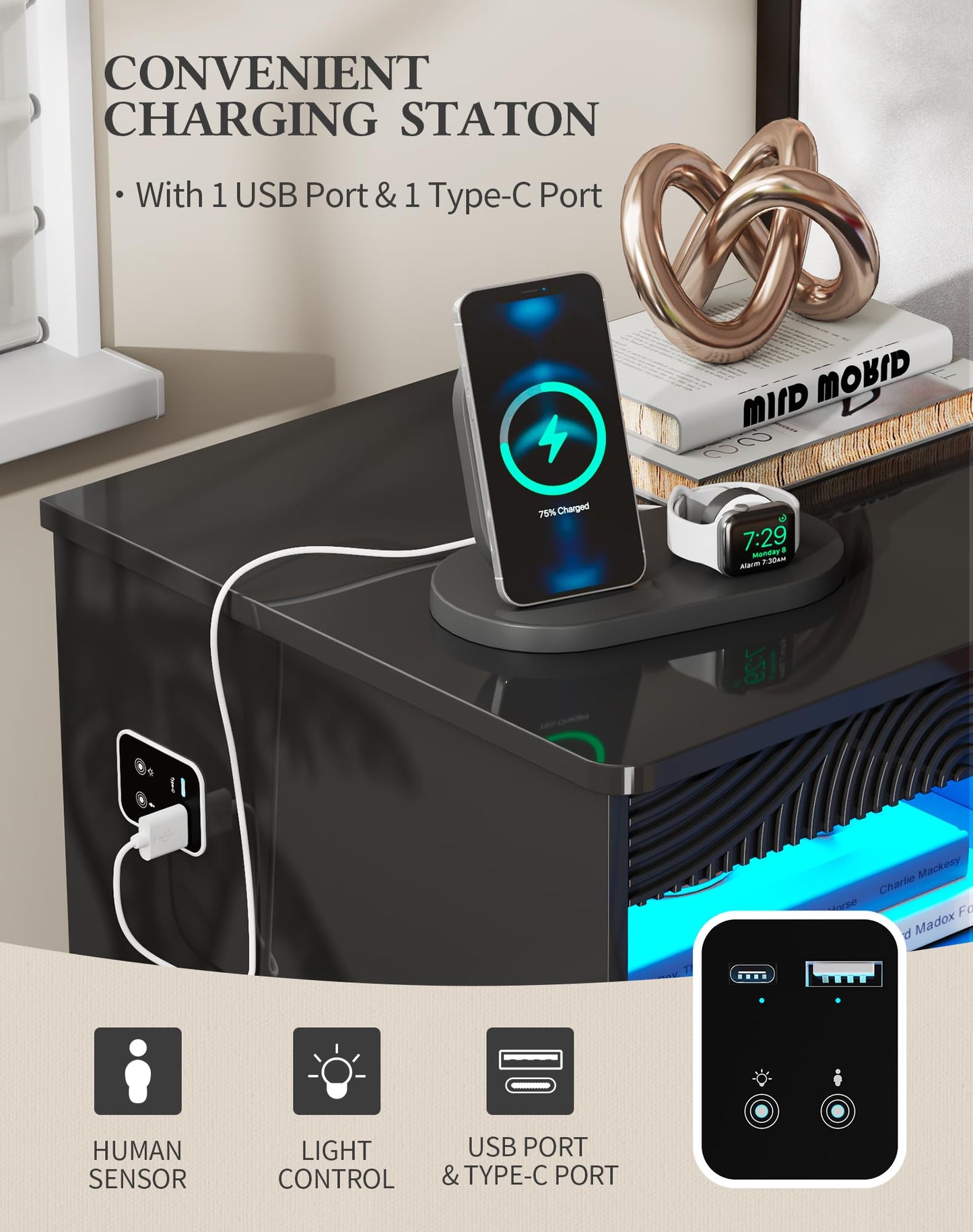 FREDEES LED Bedside Table with Hidden Drawer for Bedroom, Black