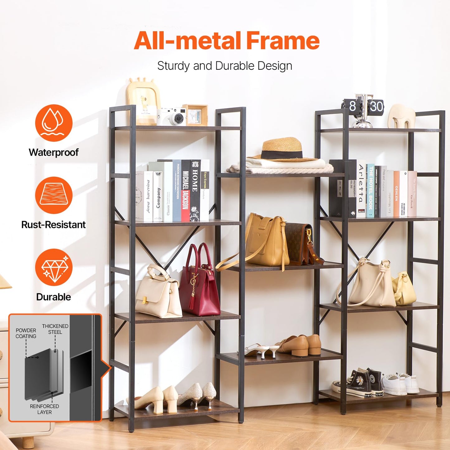 VEVOR Triple Metal Bookshelf, 11-Tier Industrial Bookshelf, Large Rustic Vintage Storage Bookcase with Open Shelves