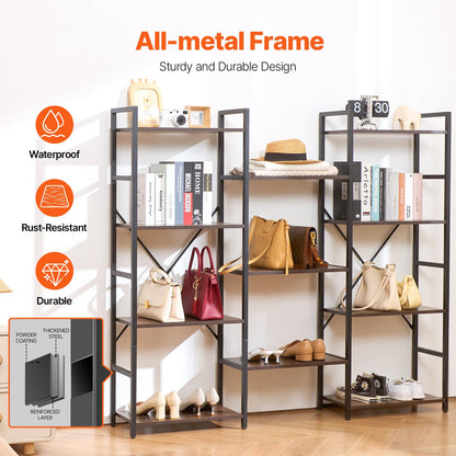 VEVOR Triple Metal Bookshelf, 11-Tier Industrial Bookshelf, Large Rustic Vintage Storage Bookcase with Open Shelves