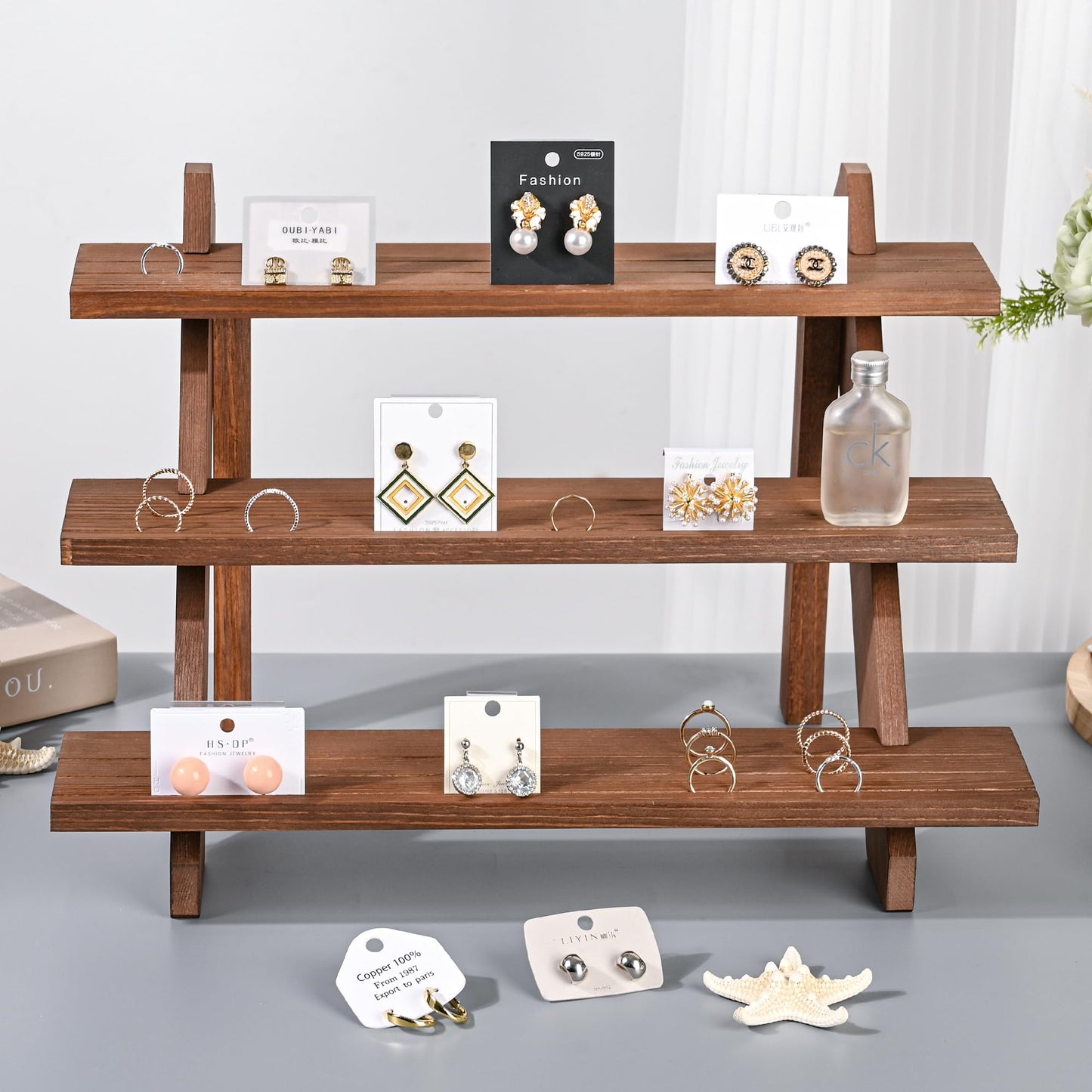 LEXFUNN Wooden Jewellery Display Rack Stand Earring Stall Stand Organizer Shelf 3/4 Tier (3 Tier - Brown)