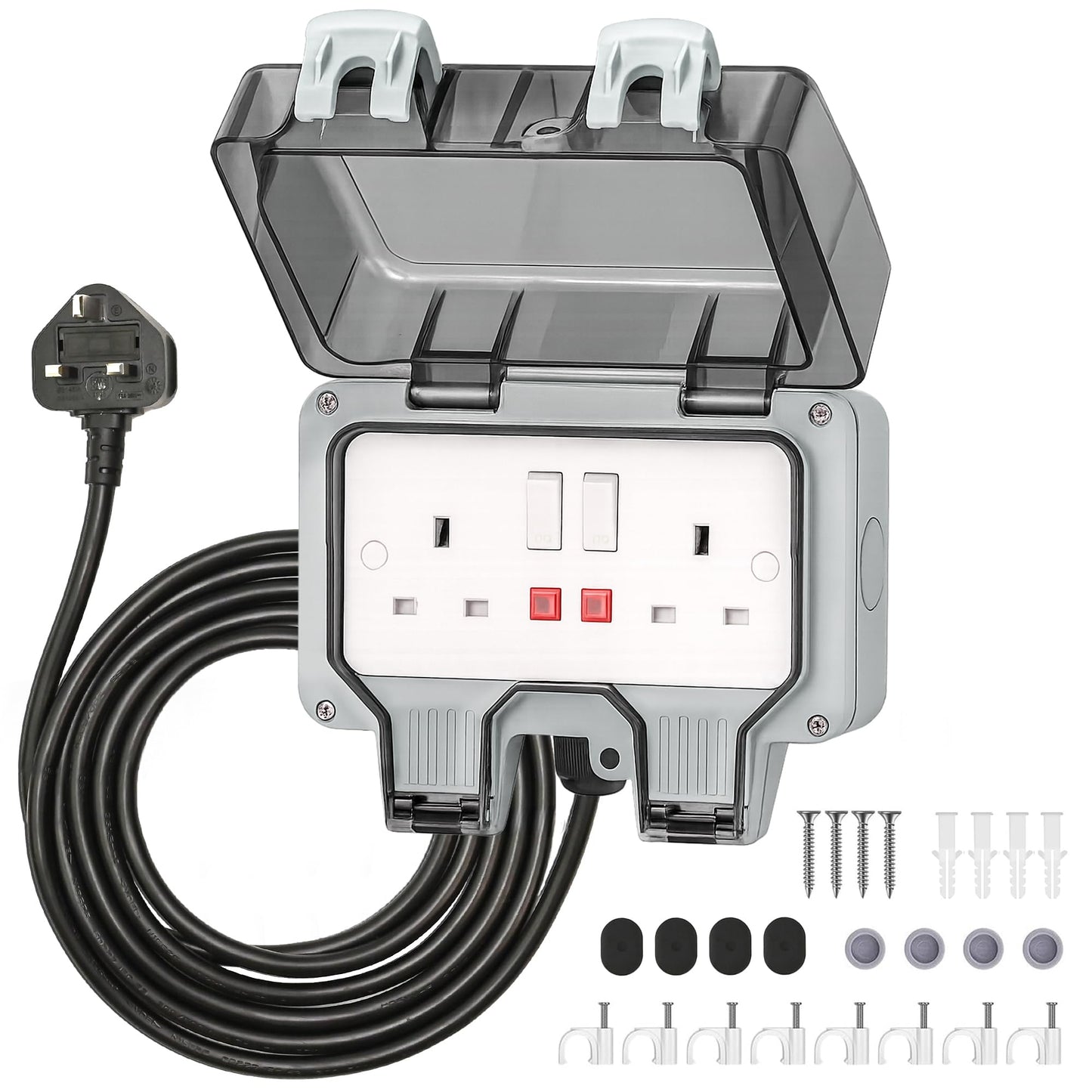 Desiretech Outdoor Double Switched Socket with 3m Cable ? IP66 Waterproof & Dustproof Socket ? 2 Gang Plug with LED Indicators ? High Impact PC