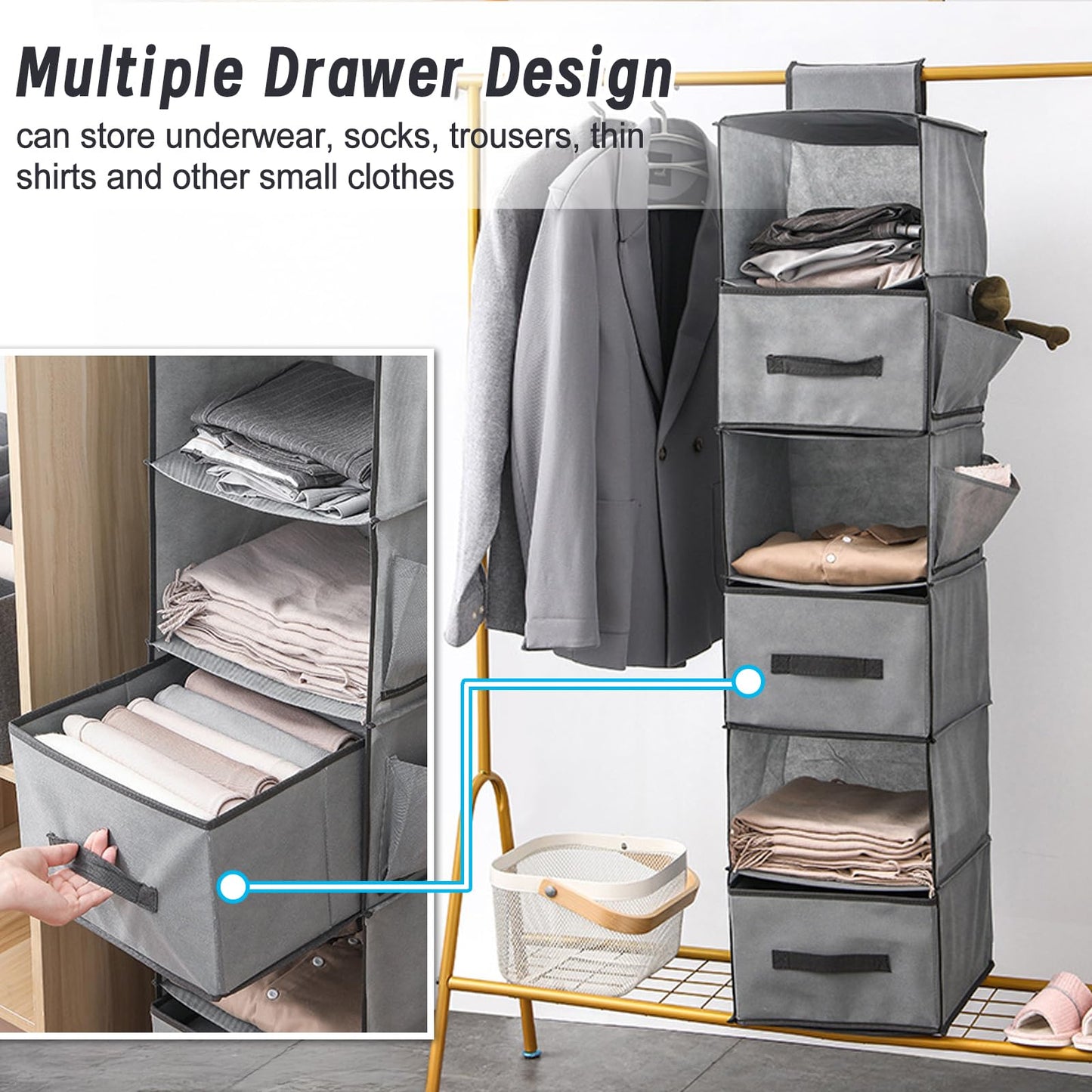 Chostky 6-Shelf Hanging Storage Organiser with 3 Removable Drawers, 6 Shelves Hanging Storage Shelves