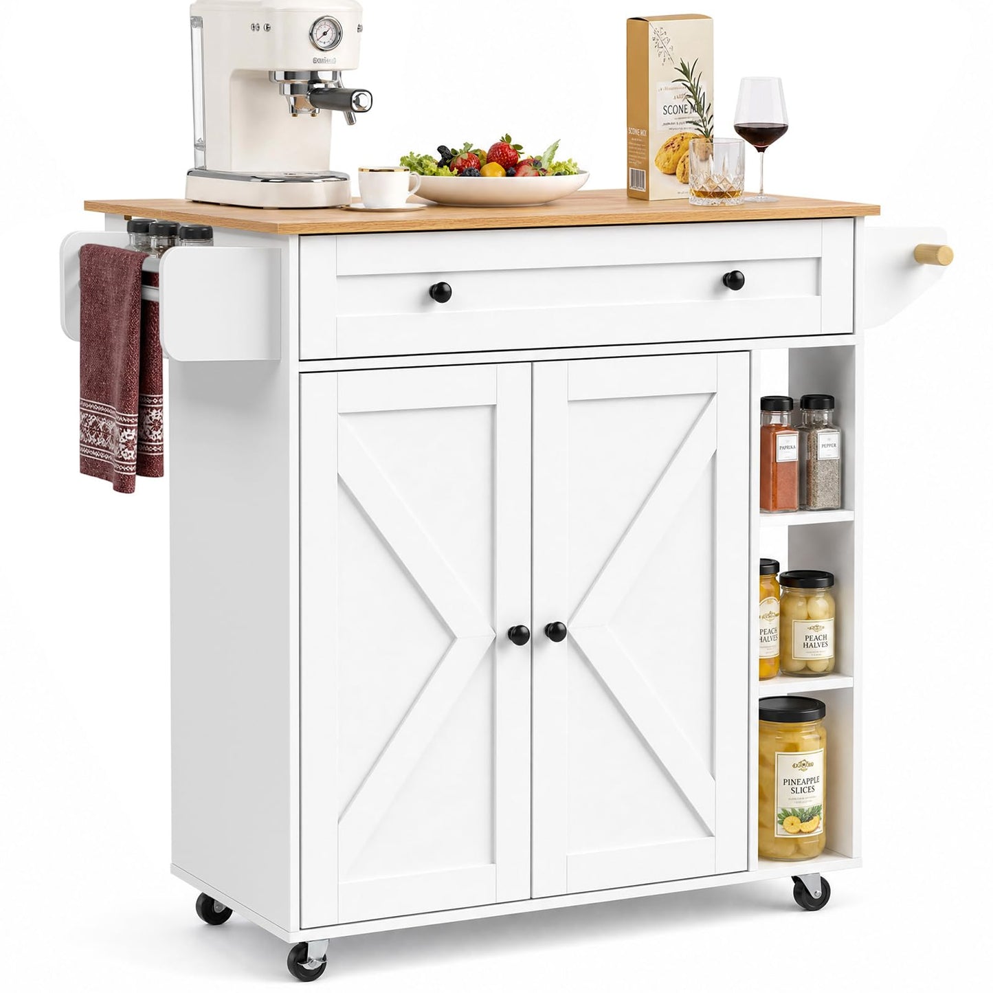 Yvsevnr Kitchen Island with Drawers on Wheels, Rolling Kitchen Island Cart with Towel & Spice Rack, Drop Leaf