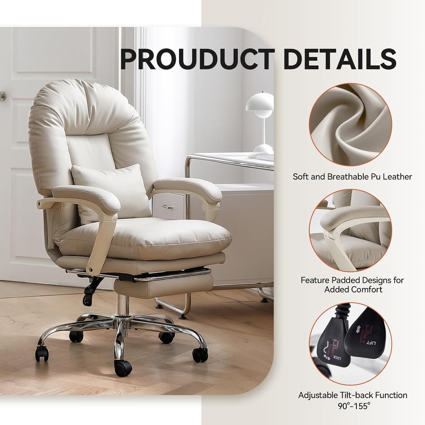 EMIAH Ergonomic Office Chair with Footrest, PU Leather, Beige