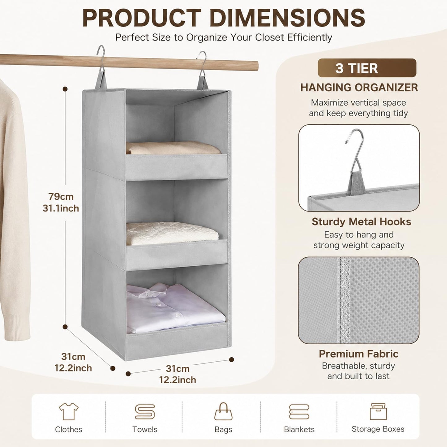 Admygo 3 Shelf Hanging Wardrobe Organiser, Foldable Hanging Storage Shelves for Wardrobe, Clothes Organiser with Metal Hooks