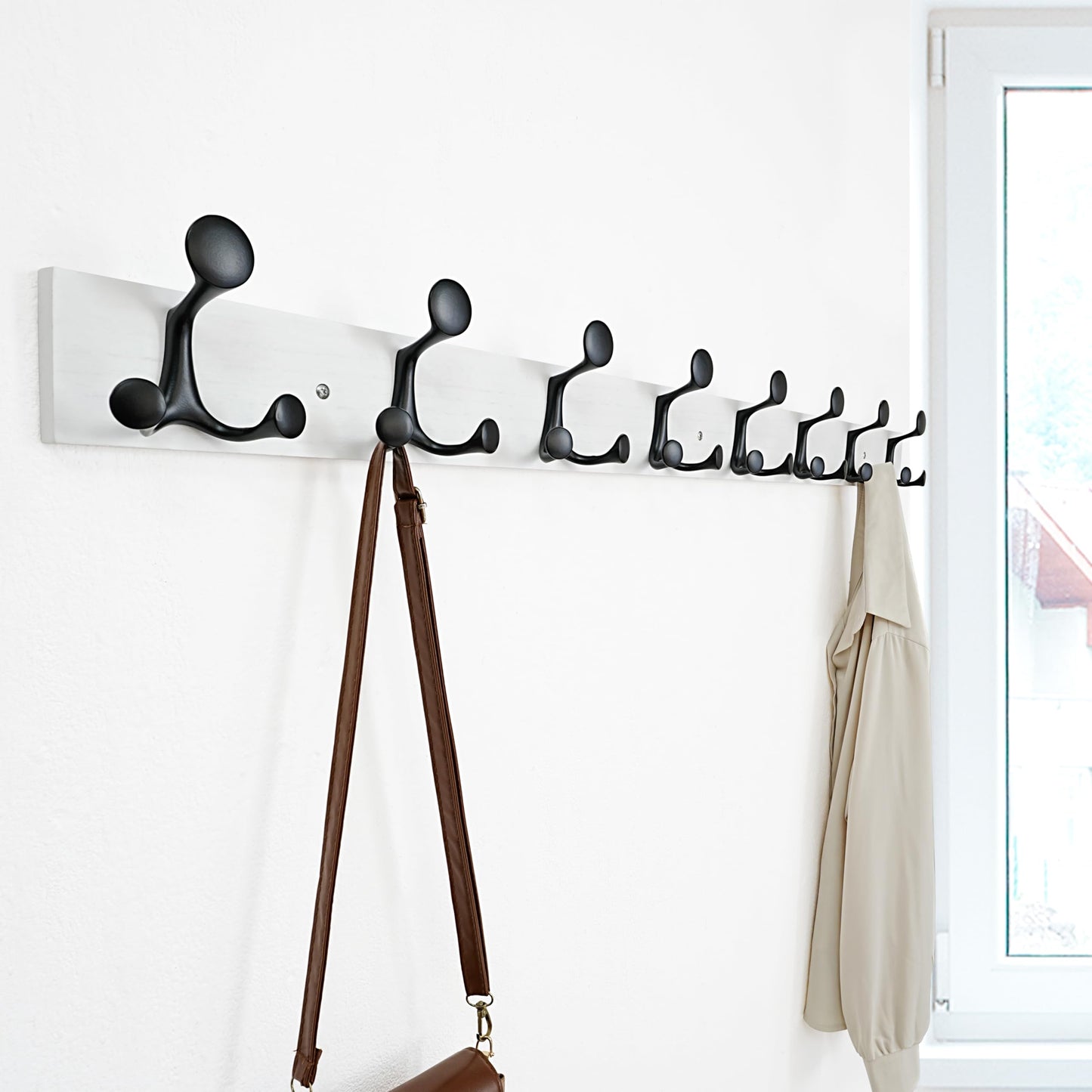 SKOLOO 109 cm White Wood Coat Rack Wall Mount with 8 Triple Hooks - Ideal for Family Entrances, Classrooms, and Pet Supplies Storage