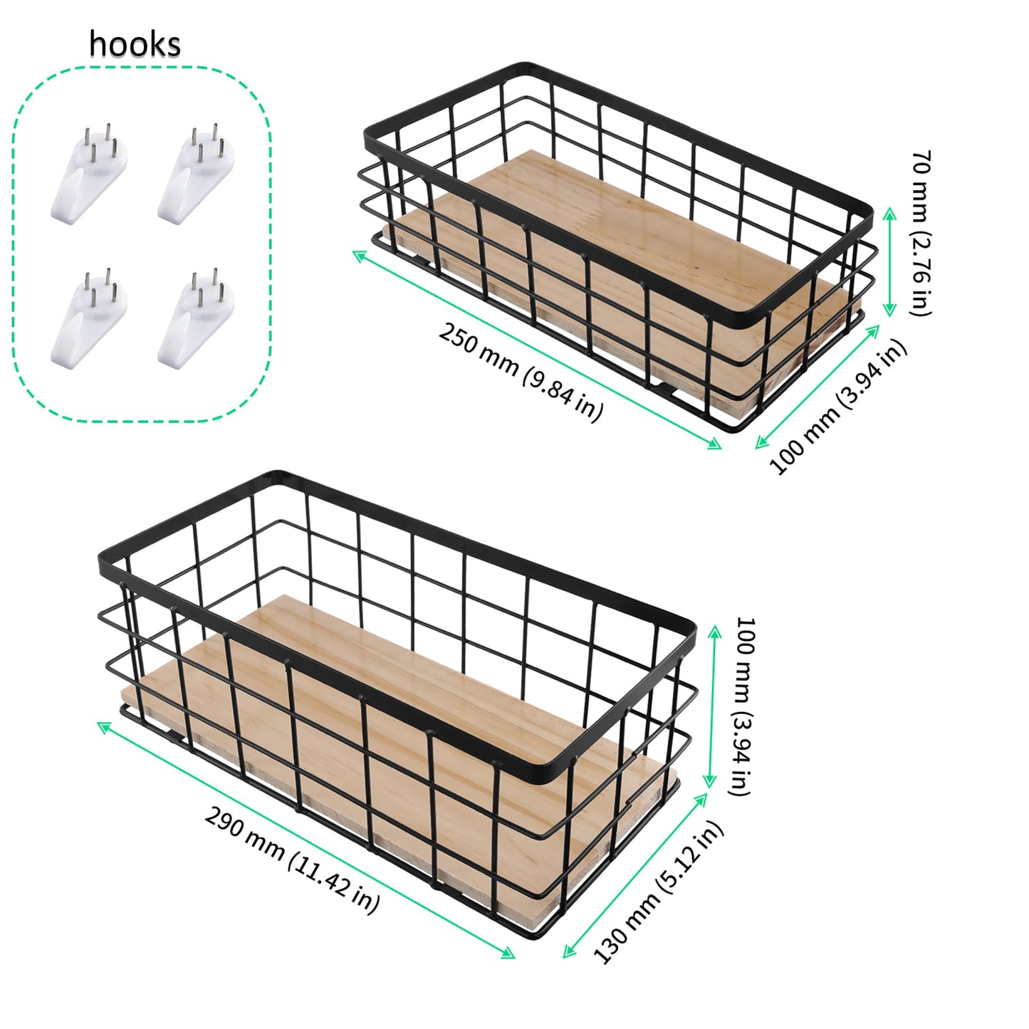 FUNSUEI Set of 2 Wire Storage Basket Bins with Hooks