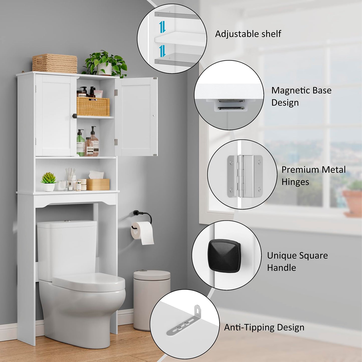 RRX Over The Toilet Storage Cabinet, Bathroom Above Organizer (Pure white)