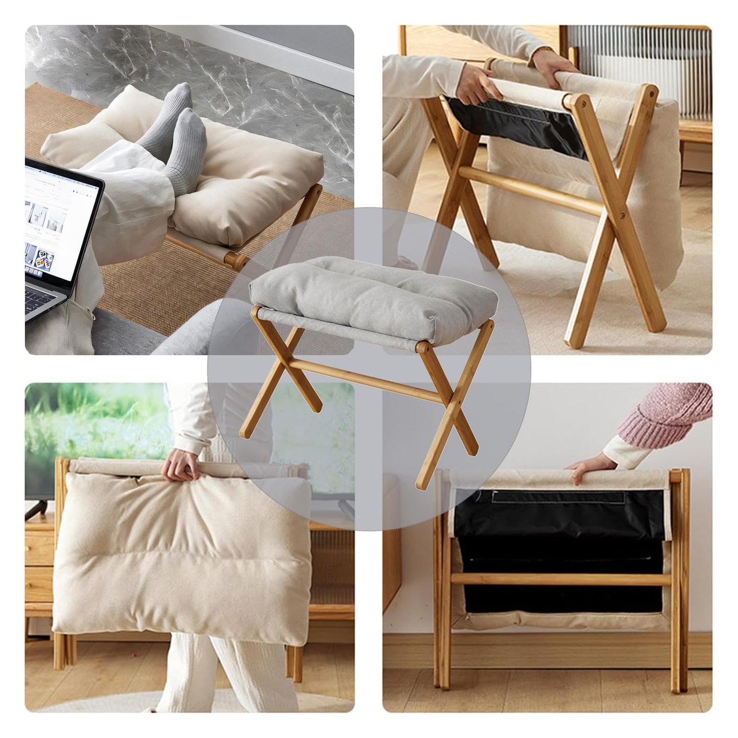 Nisorpa Foldable Foot Rest Stool Folding Footrest for Sofa Ottomans, Bamboo Footrest Soft Padded Cushioned Foot Ottoman Portable Leg Rest for Sofa
