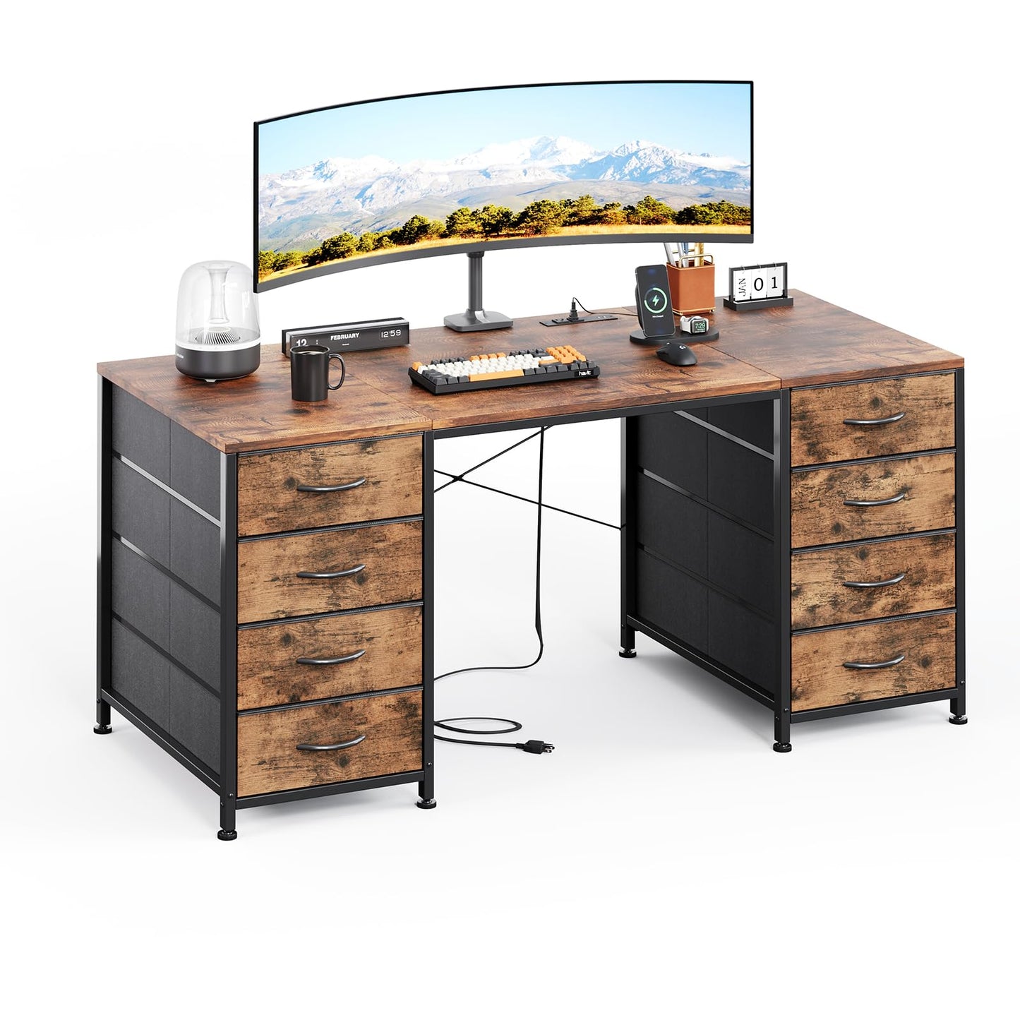MUTUN 120cm Computer Desk with 8 Drawers, Home Office Desk with Power Outlets, Modern Table with Large Storage for Writing, Study, Rustic Brown