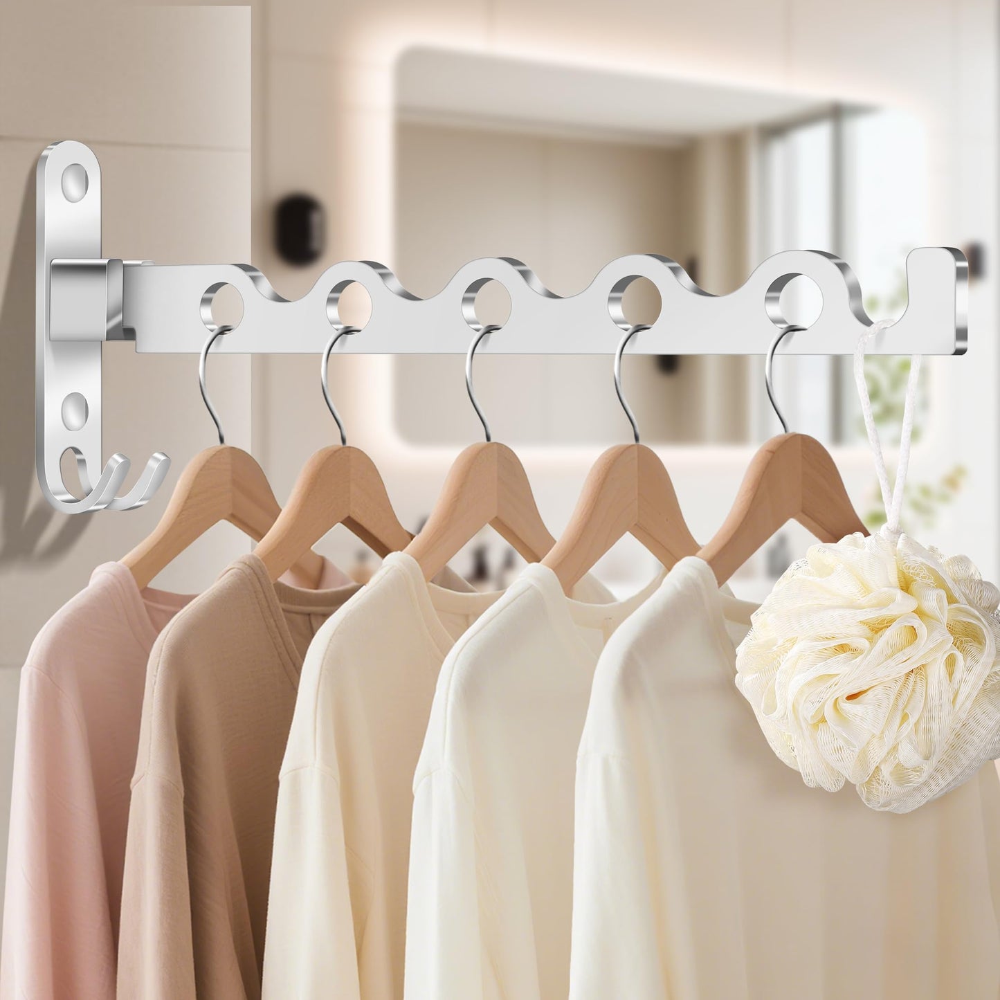 MEIJO Wall-Mounted Clothes Rack Silver, Foldable Wall Mounted Clothes Rail, 90° Rotation Heavy Duty Wall Clothing Drying Rack Wall Coat Rack for