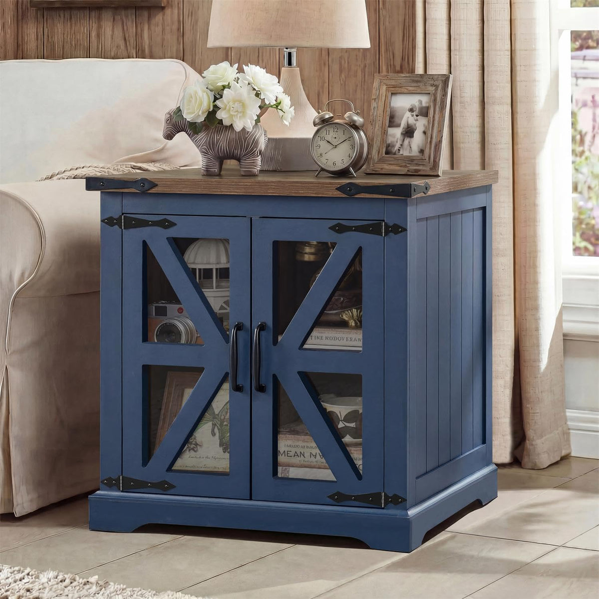 BEROXII Rustic Wood End Table, 24 inches, Square Nightstand with Adjustable Shelf, Barn Door, for Living Room, Bedroom Blue
